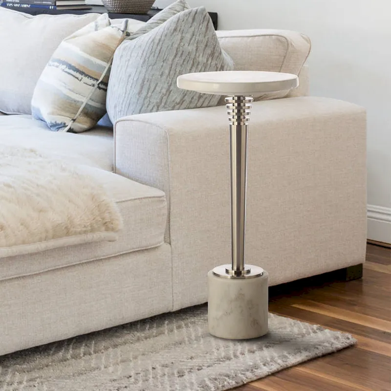 Round Marble Accent Side Table with Metal Base