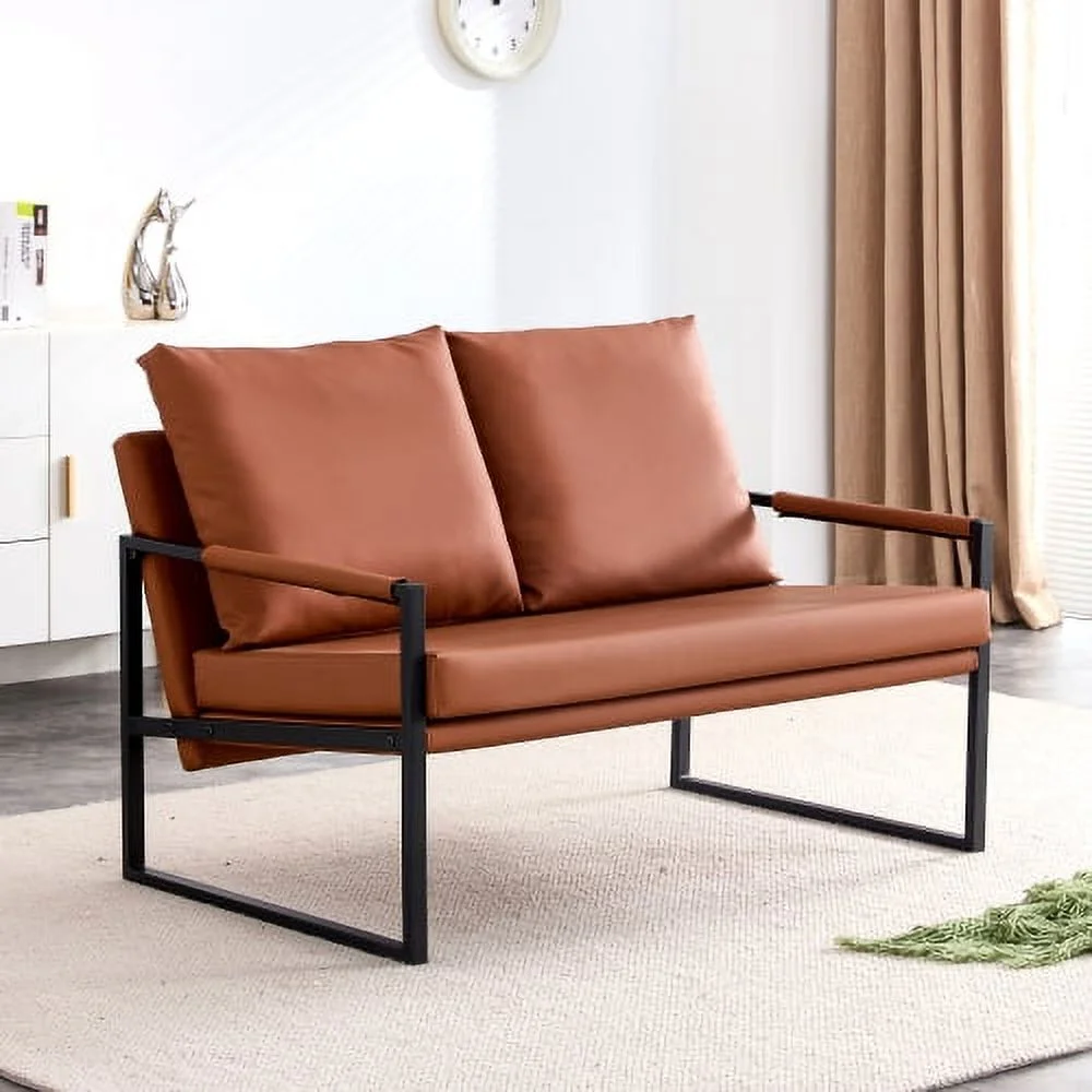 Sofá moderno de 2 plazas con 2 cojines – cuero PU, espuma de alta densidad, estructura metálica negra revestida, color marrón