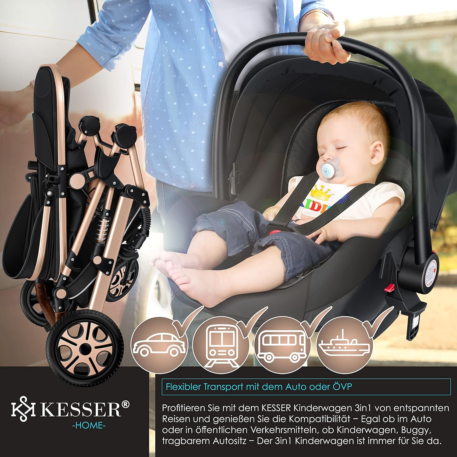 KESSER® Loops 3 in 1 Kinderwagen Kombikinderwagen Komplett-Set inkl. Babywanne & Buggy Sportsitz & Auto-Babyschale Voll-Gummireifen Wickeltasche Regenschutz Kindertisch ECE R129, Grau/Silber