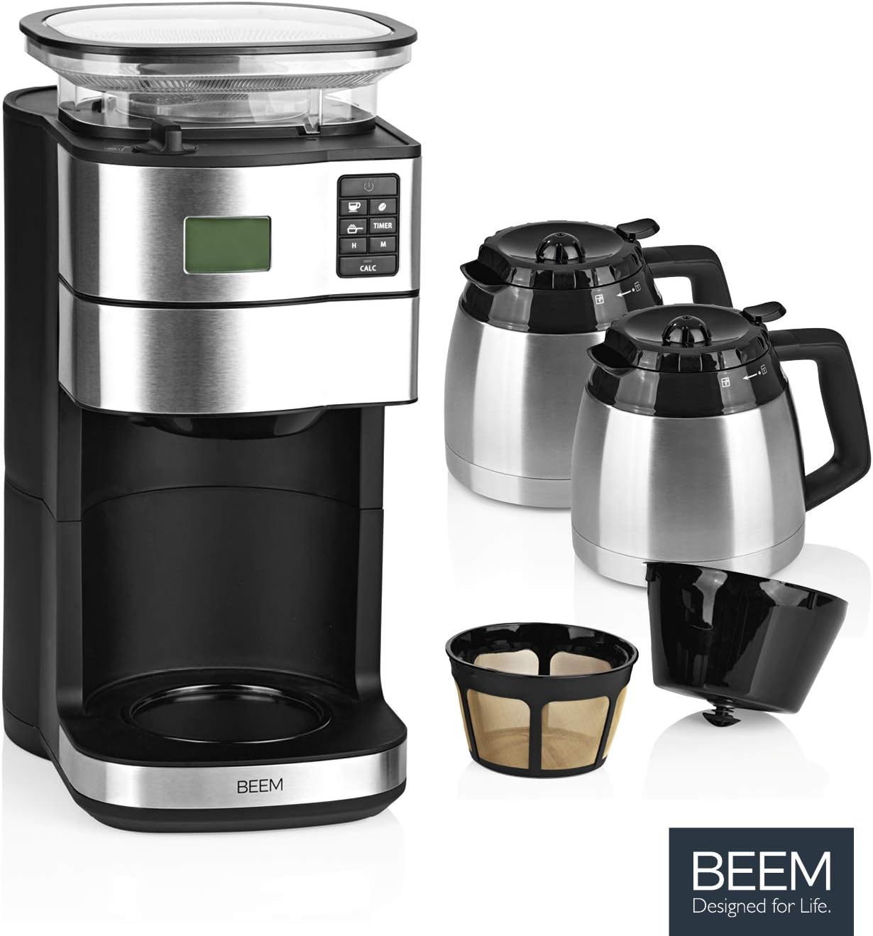 BEEM FRESH-AROMA-PERFECT II Filterkaffeemaschine mit Mahlwerk - Thermo | Edelstahl | Thermokanne | 24h-Timer | 1000 W | 180 g Bohnenbehälter