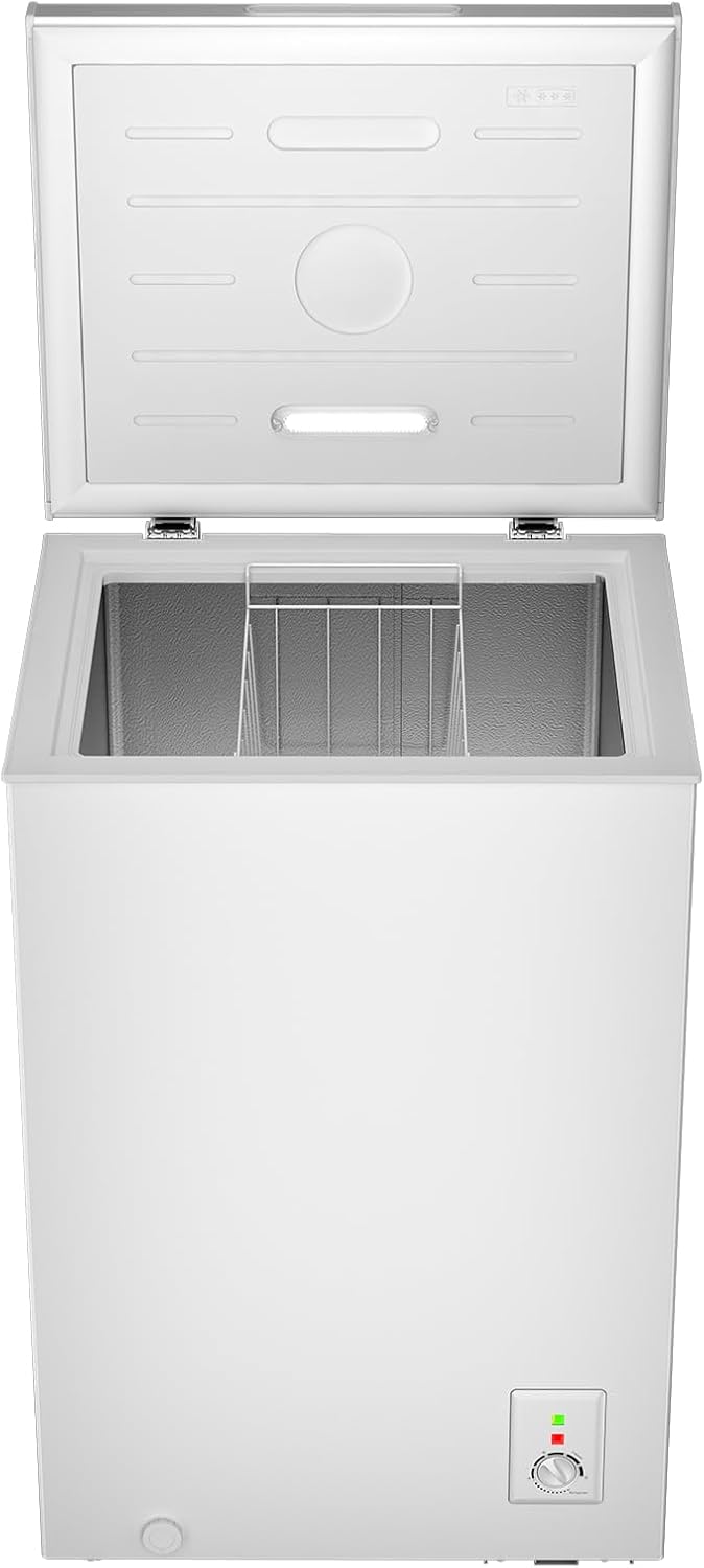 CHiQ FCF98DE Gefriertruhe 99 L, 54,5 x 47,6 x 83,5 cm, 4-Sterne-Gefrieren, Thermostatsteuerung, Drahtgestell, Schwebetür, Geräuscharm, Weiß