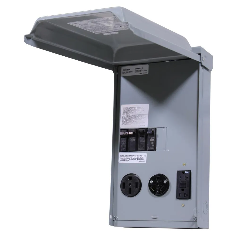 Weatherproof RV Power Panel – 50 Amp & 30 Amp Receptacles, 20 Amp GFCI, NEMA 3R Enclosure