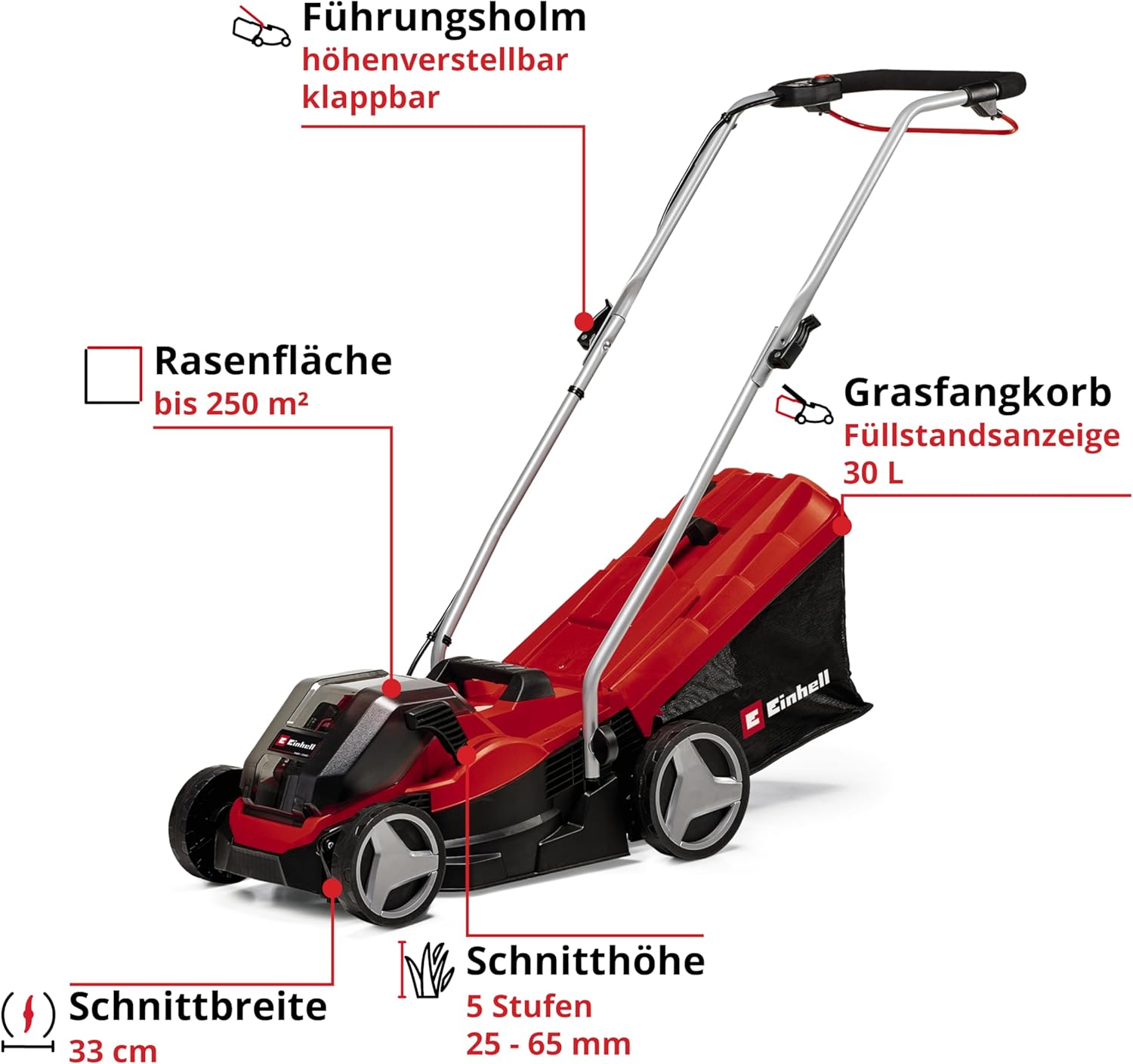 Einhell Akku-Rasenmher GE-CM 36/33 Li Kit Power X-Change (36 V, 33cm Schnittbreite, bis 250 m, 30L Fangkorb, 25-65 mm Schnitthhe, inkl. 2x 2,5 Ah Akkus + 2x Ladegerte)