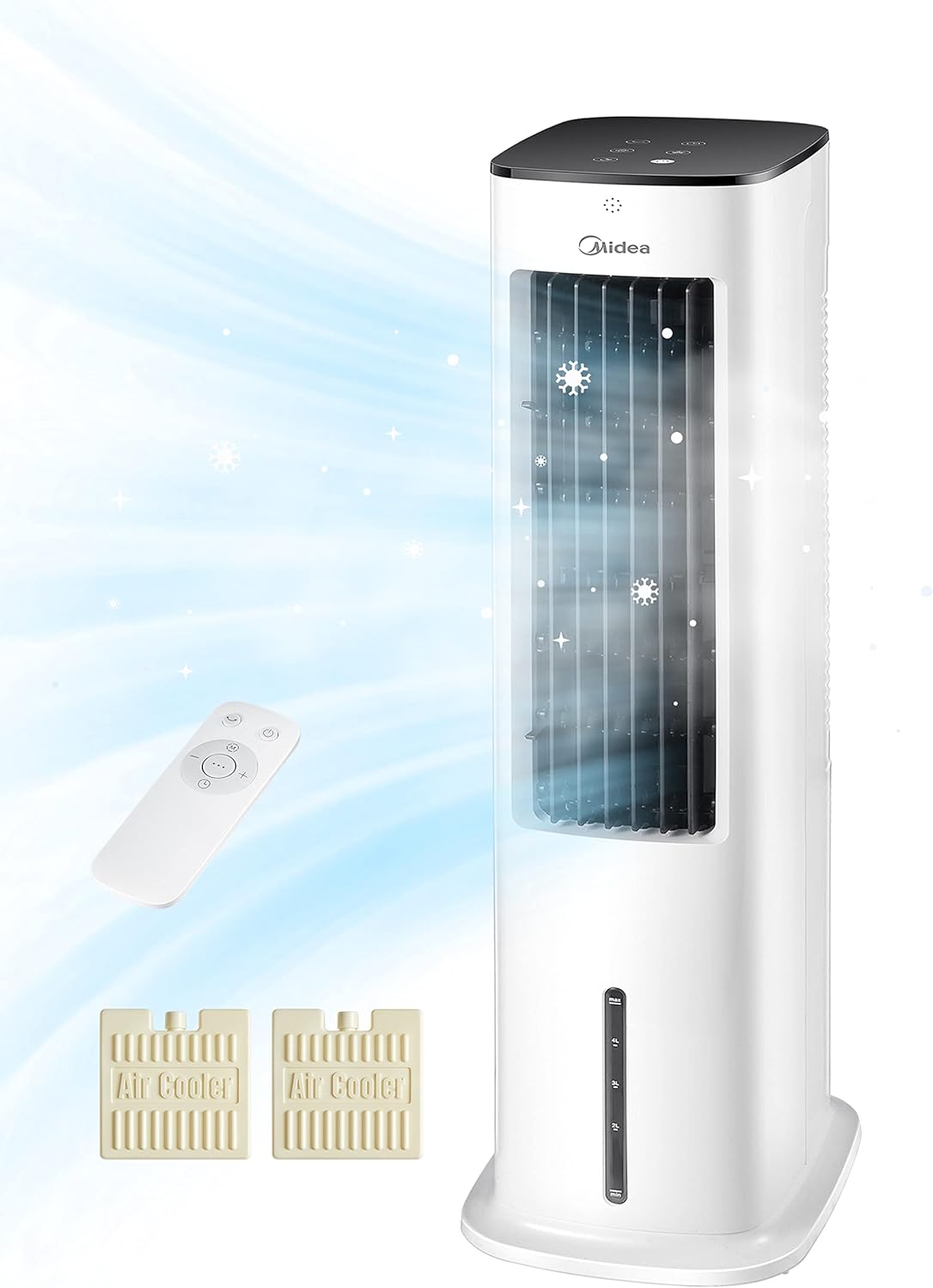 Midea Luftkühler mit Wasserkühlung, Klimaanlage Mobil, Ventilator mit 5L Wasserkühlung, Luftbefeuchter und Ionisation, Klimaanlage Ohne Abluftschlauch, 355m/h, Ventilator mit Fernbedienung,55W,Wei
