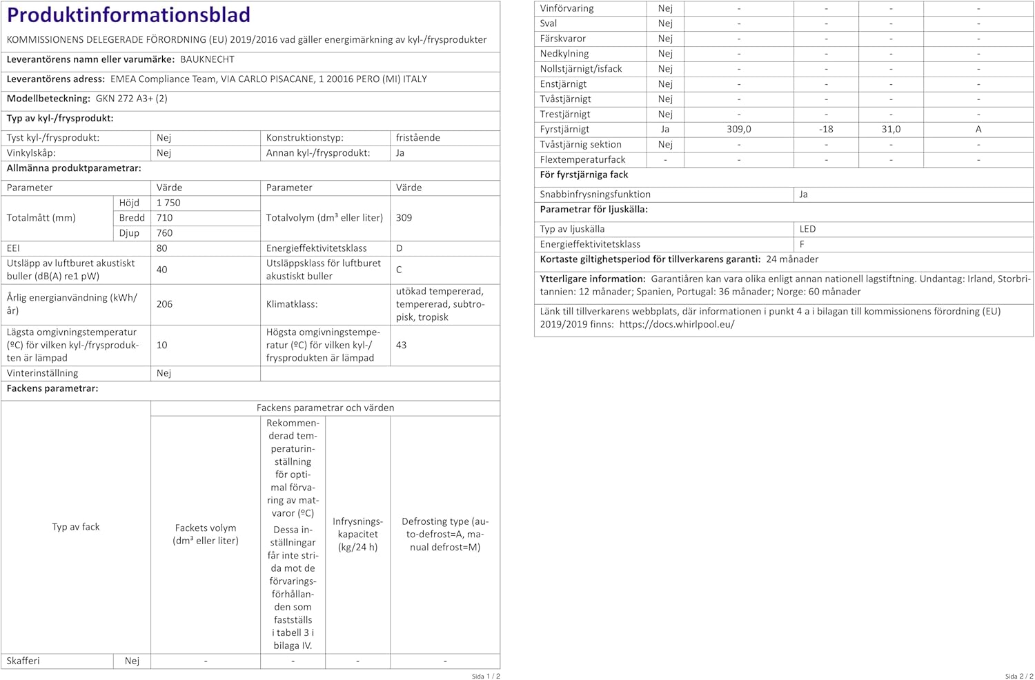 Bauknecht GKN 272 A3+ Gefrierschrank / 309 L Gesamtnutzinhalt / NoFrost / EasyOpen Ventil / Innenbeleuchtung / Elektronische Steuerung mit innenliegendem Bedienfeld, Weiß