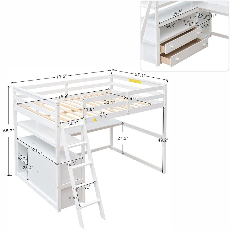 Gray Full-Size Loft Bed with Desk, Shelves, and Two Built-In Drawers