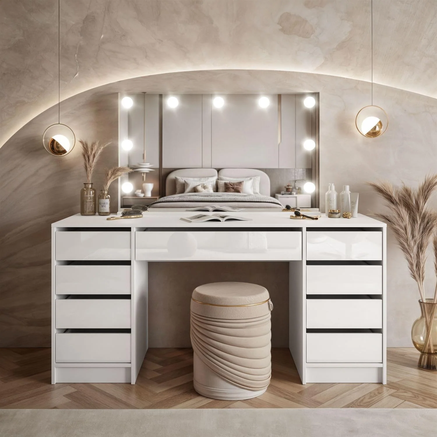 Tocador Lookway MADA Elite II con espejo LED - Elegante acabado en color cachemir o blanco brillo intenso, montaje en pared, cajones espaciosos (Blanco/Blanco brillo intenso) 2026