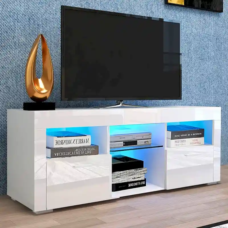 Contemporary LED TV Stand Media Console with Illuminated Features - High Gloss Finish, 51L x 14W x 16H inches