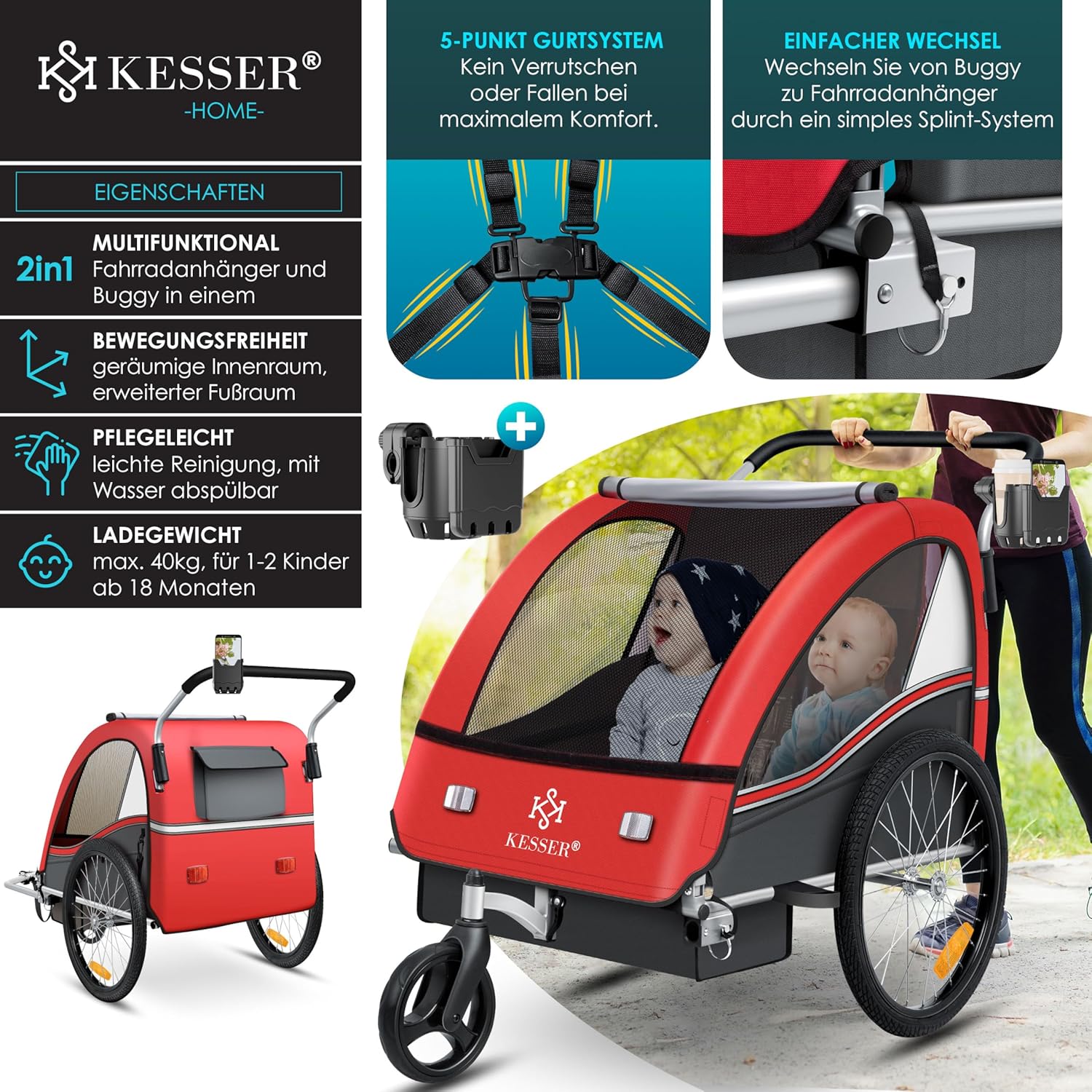 KESSER Kinderfahrradanhänger Sport-RX 2in1 Jogger & Buggy 5-Punkt-Gurt Sicherheitsgurt 360° Vorderrad Kinderfahrradanhänger Reflektoren für 1-2 Kinder (max. 40 kg) Getränkehalter & Smartphonefach