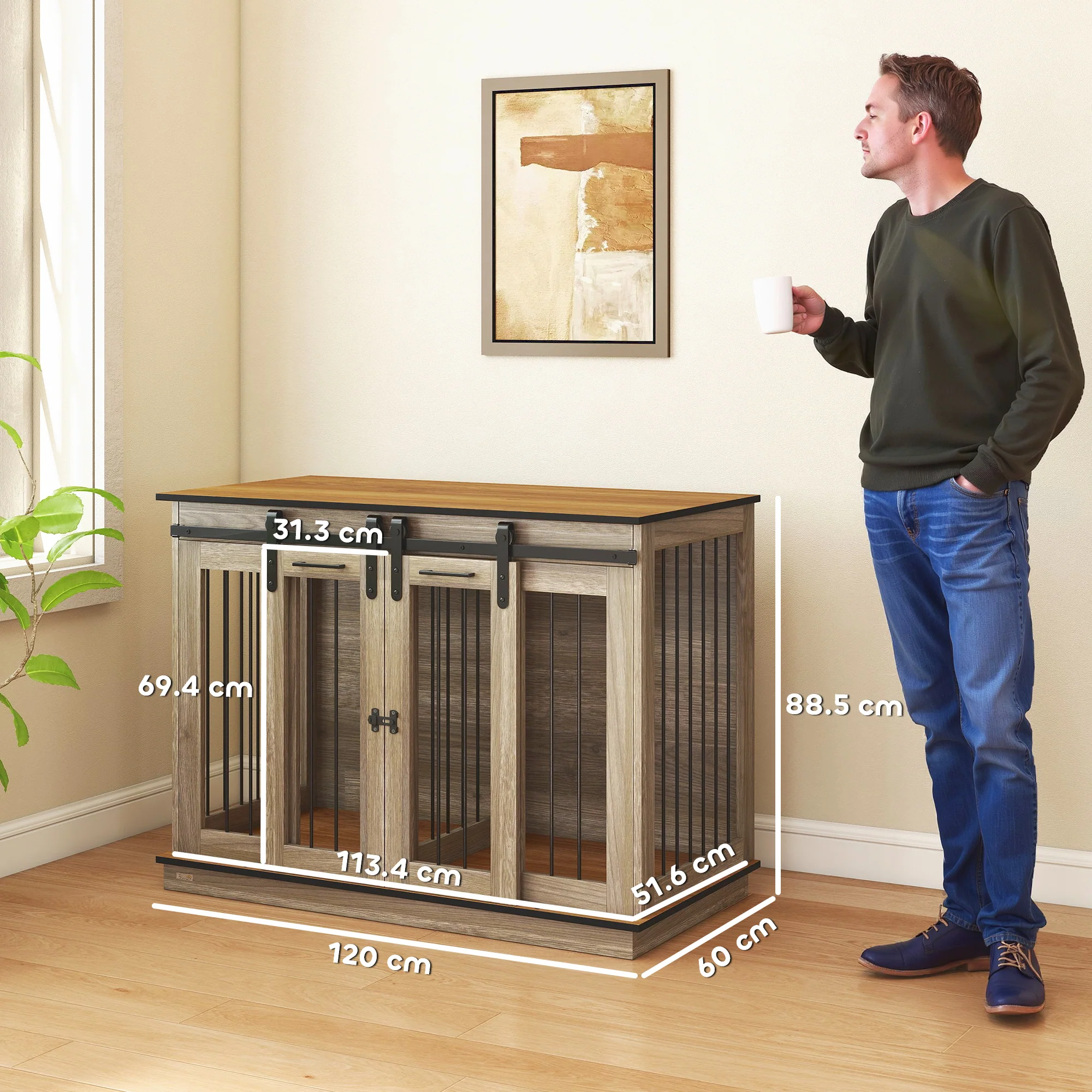 PawHut hondenkooi met 2 deuren, hondenbox, rustiek design, vergrendelbaar, bruin