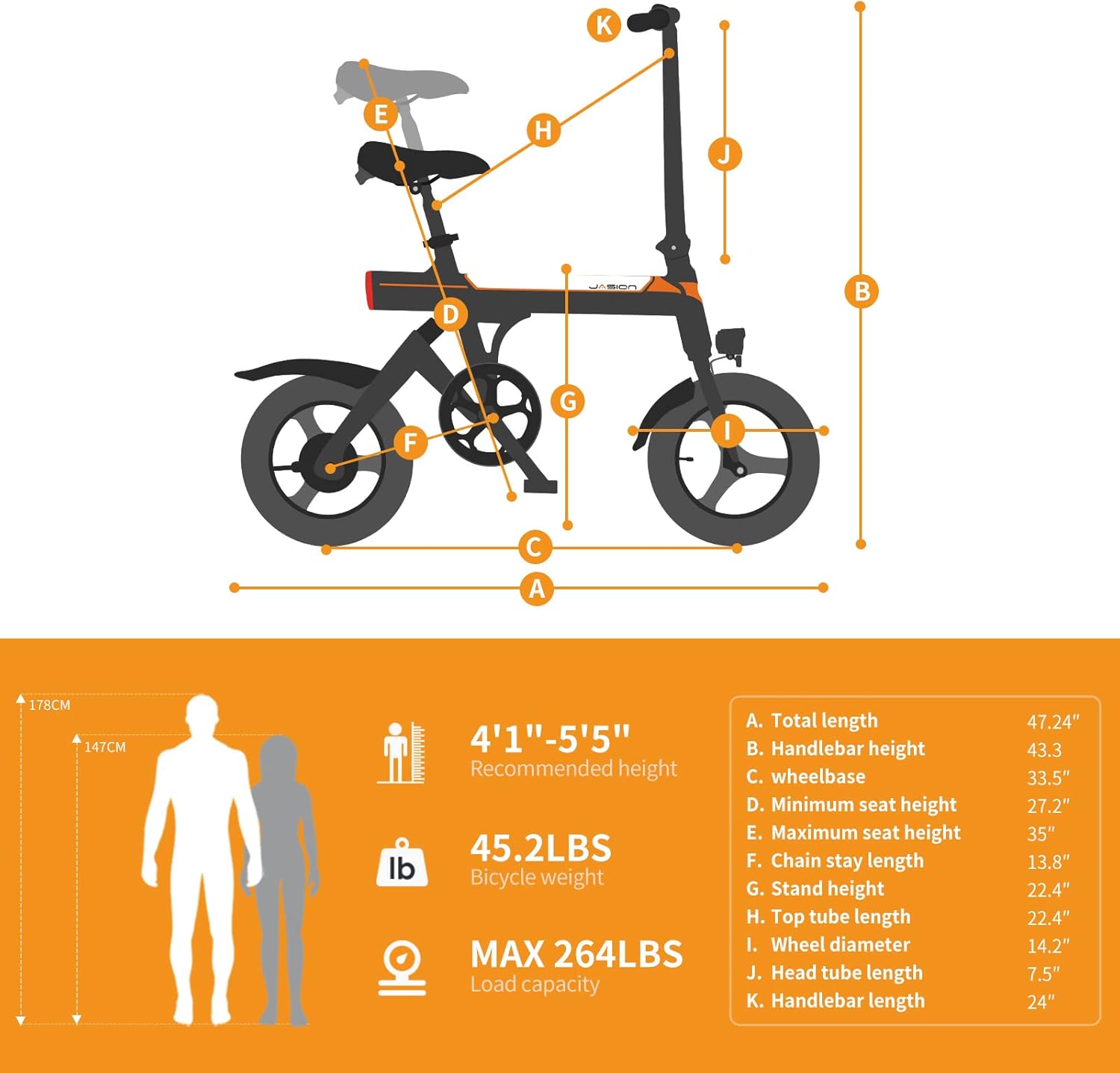 Jasion EB3 Electric Bike for Adults 21mph Folding Adults Electric Bicycles, 350W Brushless Motor, 36V 7.5Ah Battery, Center Suspension, 3 Levels Assist, 14 Foldable ebike for Adults and Teens