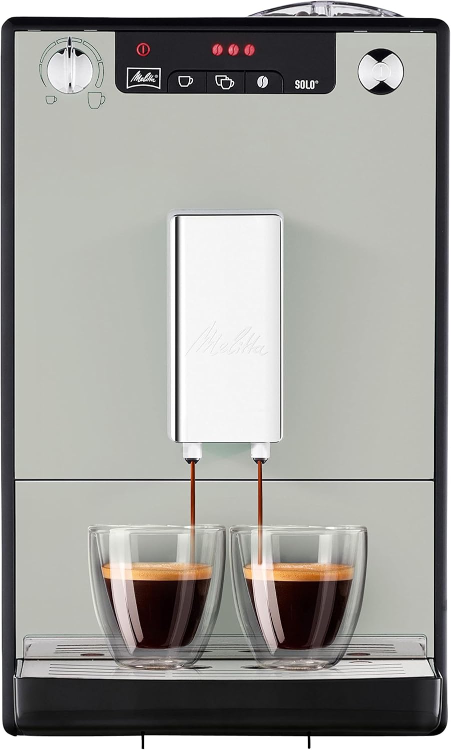 Melitta Solo - Kaffeevollautomat mit höhenverstellbarem Auslauf, kleine Kaffeemaschine mit abnehmbarem Wassertank, für z. B. Espresso oder Café Crème, silber