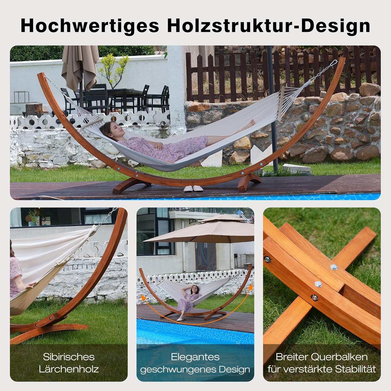 Hängematte mit Gestell, Mit 2 Hängematte, 200kg Belastbarkeit, Maße: 320x120x120 cm, Stabilem Bogengestell aus Massivkiefernholz, Für Garten, Terrasse und Balkon