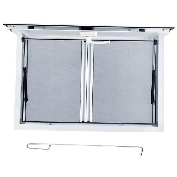 Concession Window 36W x 36H Aluminum Alloy Food Truck Service Window with Sliding Screens & Awning Door, Hydraulic Lift, Locking Mechanism, Versatile for Catering