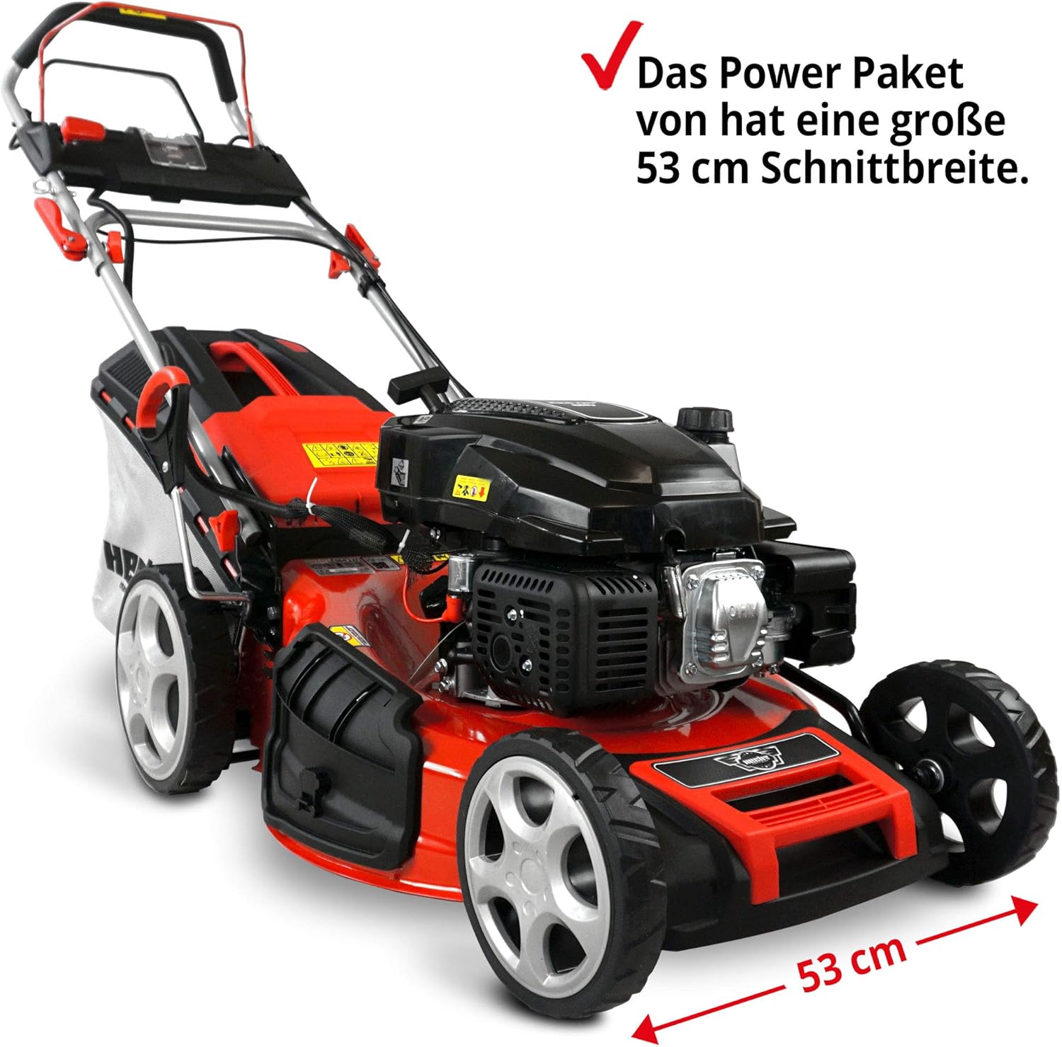 HECHT 5-IN-1 Benzin Rasenmäher – leistungsstarker 4 Takt Eco Motor 4,4 kW (6,0 PS) – Elektrostart – 53 cm Schnittbreite – 75 l Fangkorb – Radantrieb – patentierte Räder – Mulchmäher