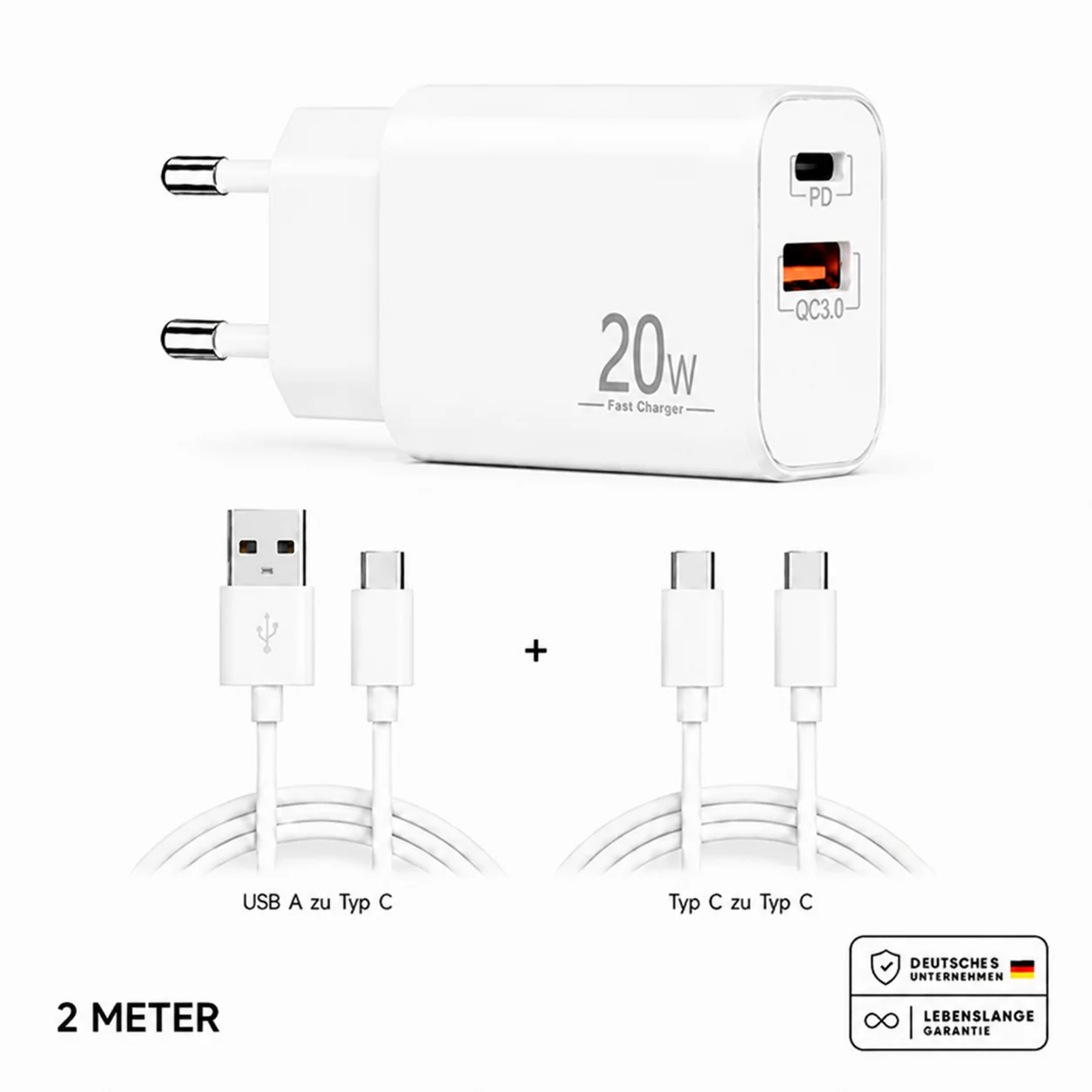 Schnellladegerät USB-C + USB-A Dual Netzteil Universal mit Kabel