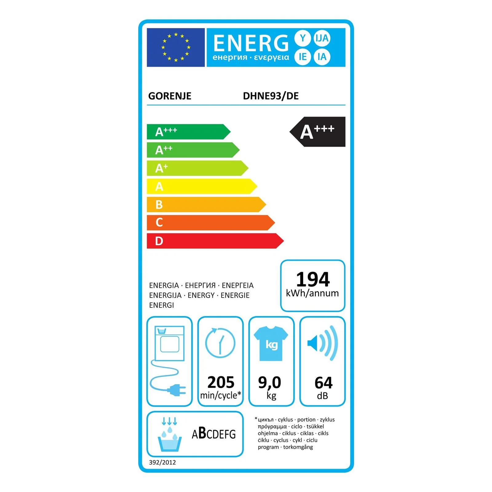 2025 Secadora de bomba de calor GORENJE DHNE 93/DE 9 kg A+++ blanco
