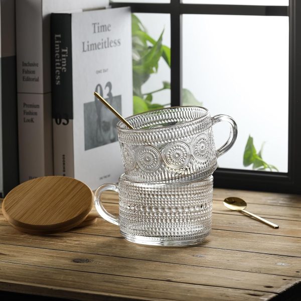 12pcs Set Irish Coffee Glasses, Vintage Coffee Mugs, Overnight Oats Containers with Bamboo Lids and Spoons – 14oz Clear Embossed Glass Cups, Cute Coffee Bar Accessories, Iced Coffee Glasses