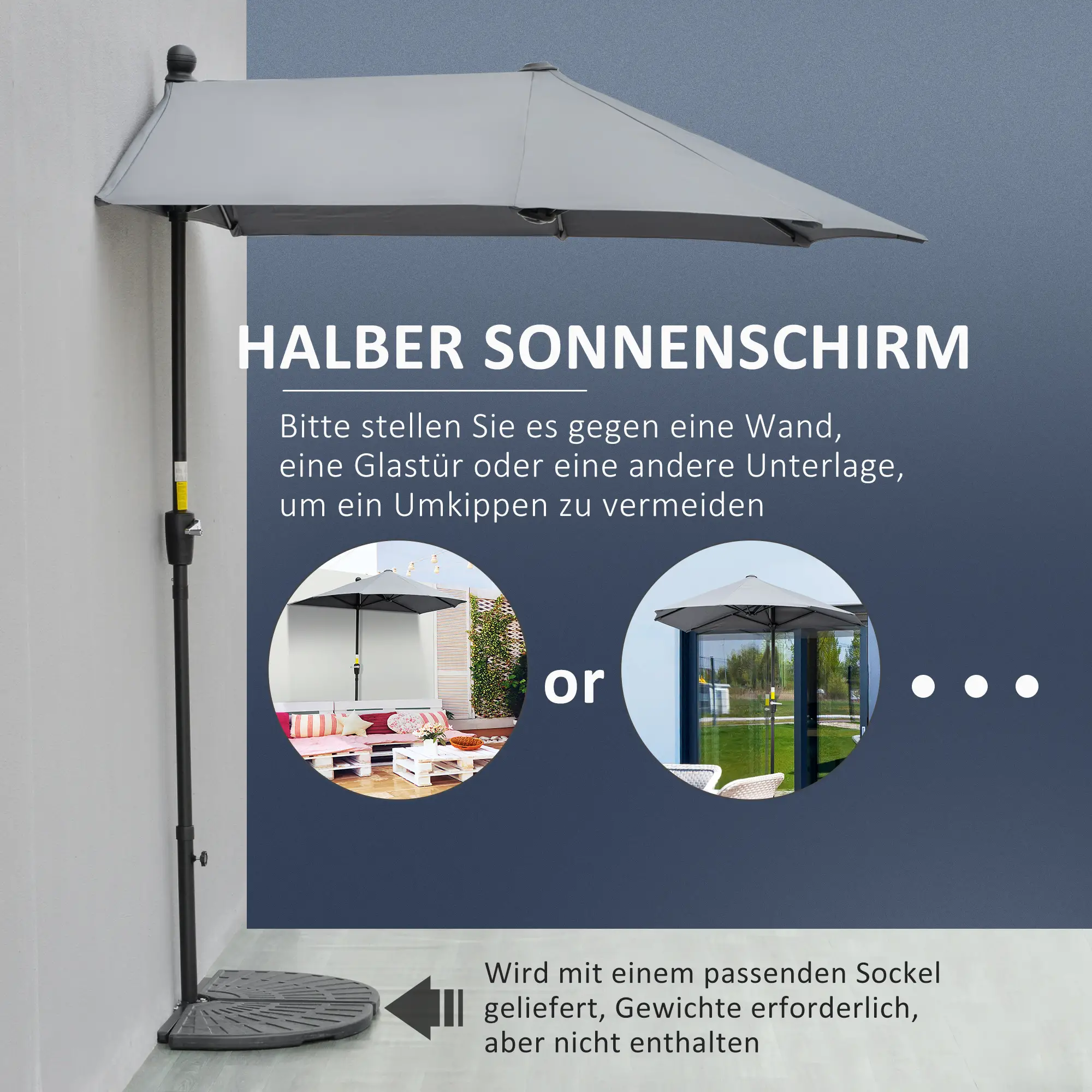 Outsunny Halbrundschirm Sonnenschirm mit Handkurbel Belüftung