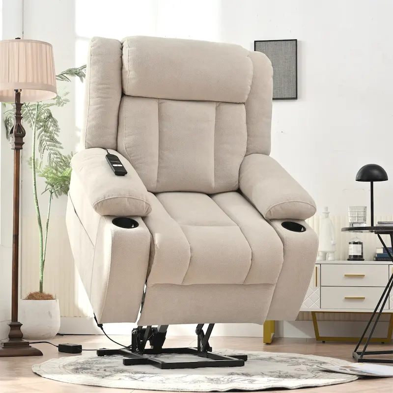 Elevated Recliner Chair for Seniors - Fabric Lift Chair with Extended Footrest, Dual Cup Holders, Side Pockets, and Remote Control