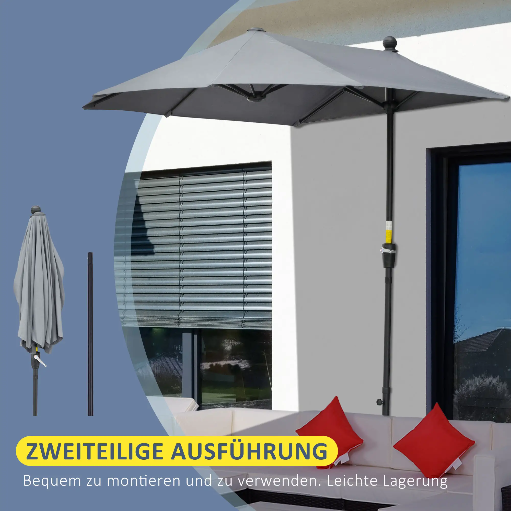 Outsunny Halbrundschirm Sonnenschirm mit Handkurbel Belüftung