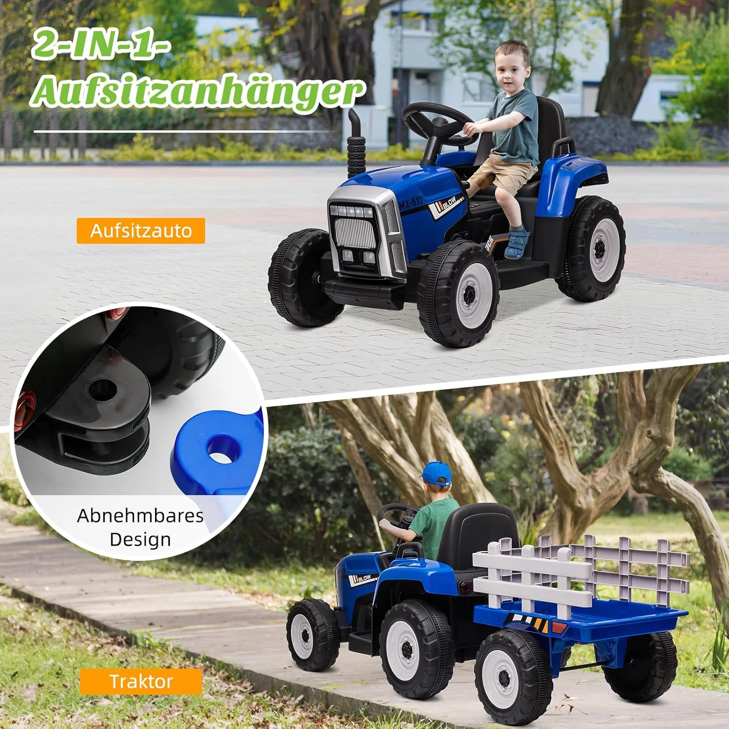HAUSPROFI 12V 3-Gang Kinder Elektroauto mit Anh?nger, Elektro Traktor 2 Fahrmodi, 2,4G-Fernbedienung, Kinder Traktor LED-Licht, Bluetooth, Musik, USB, Elektrischer Traktor f��r kinder ab 3 Jahren, Gr��n