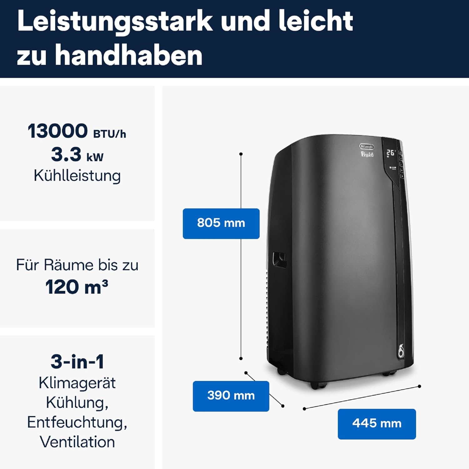 De'Longhi Pinguino PAC EL112 CST WiFi, Mobile Klimaanlage mit MyEcoRealFeel-Technologie für Räume bis zu 110 m³,11.000 BTU/h, 2,9 kW, 63 dB, Entfeuchtungsfunktion, A+, App- und Sprachsteuerung, Weiß