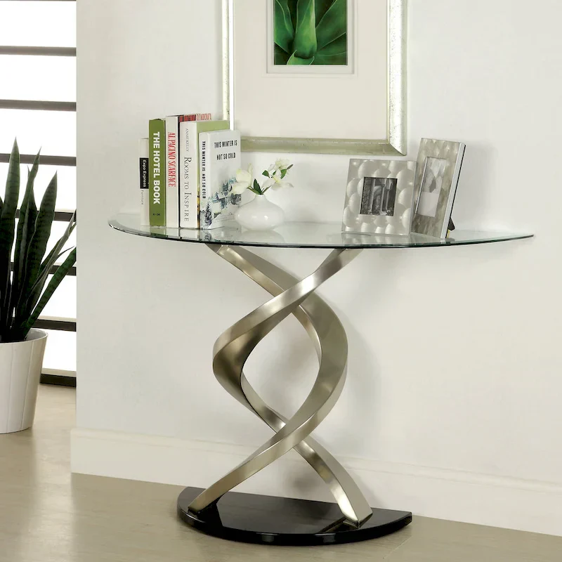 Furniture of America Sele Contemporary 45-Inch Silver Half-Moon Glass Top Sofa Table