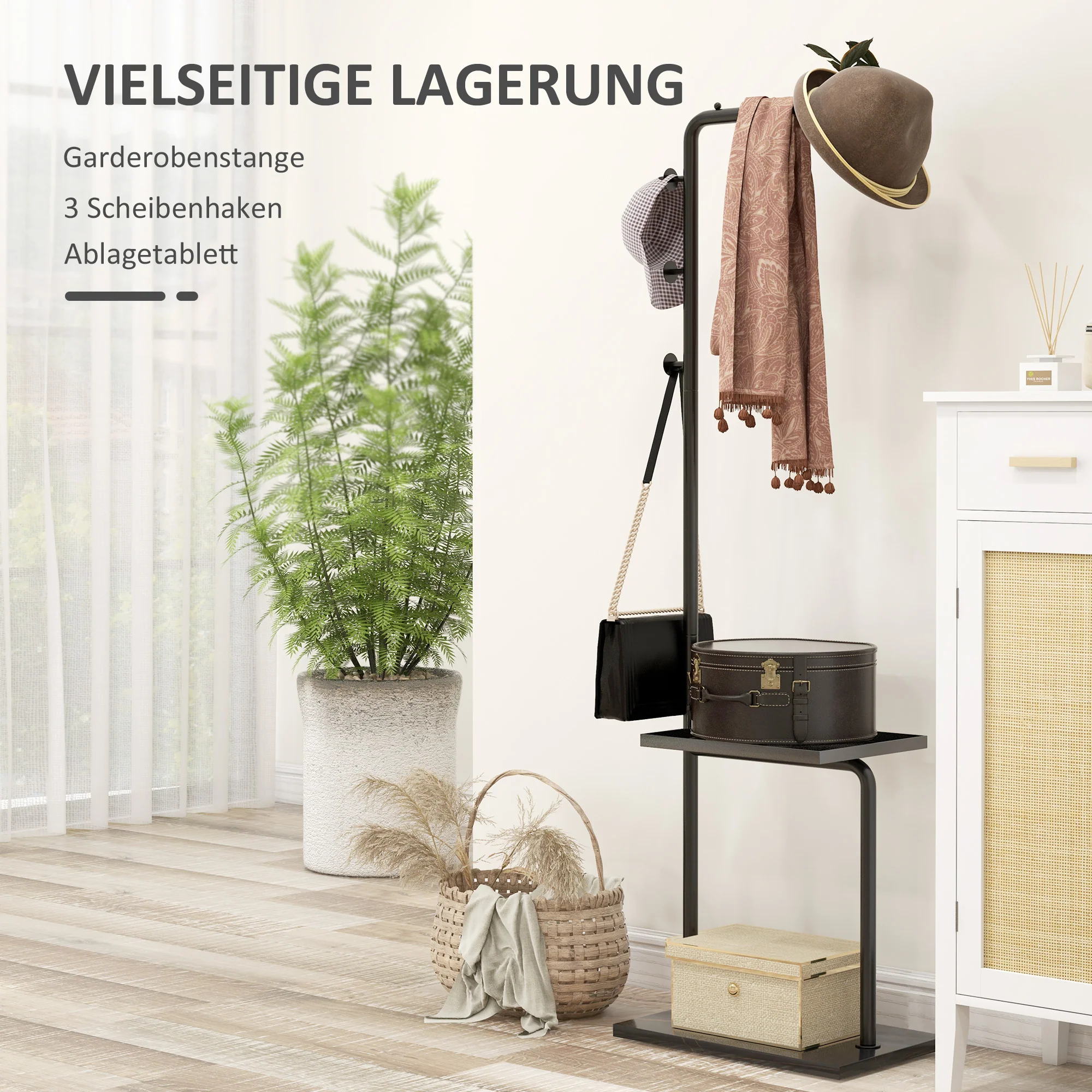 HOMCOM Kapstok met Kledingstang, 3 Haken, Opbergvak, Kunststeen Basis, Zwart