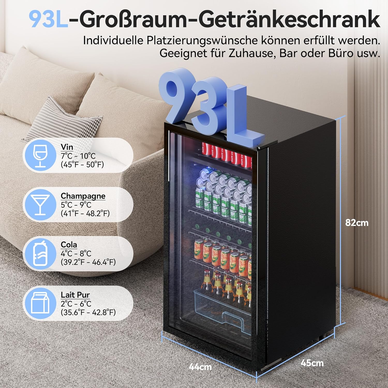TRIUMPHKEY 93L Getränkekühlschrank,Mini-Kühlschrank für 140 Dosen, mit Glastür kleiner Kühlschrank,LED | 3 Verstellbare Ablageböden für Soda/Bier/Wein | Perfekt für Homebar, Partys, Gastronomie