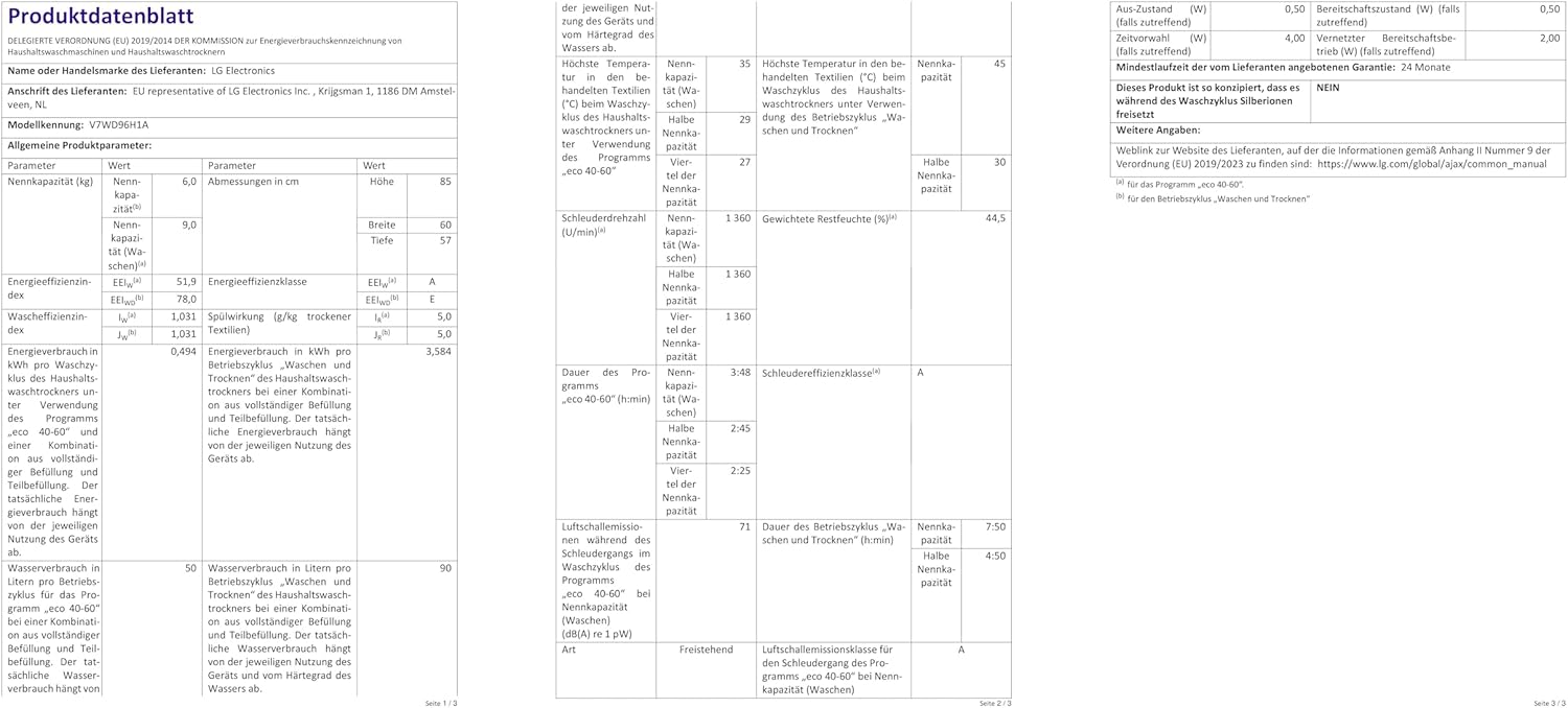 LG V7WD107H2E, Klasse E, Frontlader-Waschtrockner 10,5 - 7 kg, 1400 U/min, AI Direct Drive, Wi-Fi, Tiefenreinigung mit Dampf, TurboWash, Größere Kapazität, 62 x 60 x 85 cm ꟷ Weiß
