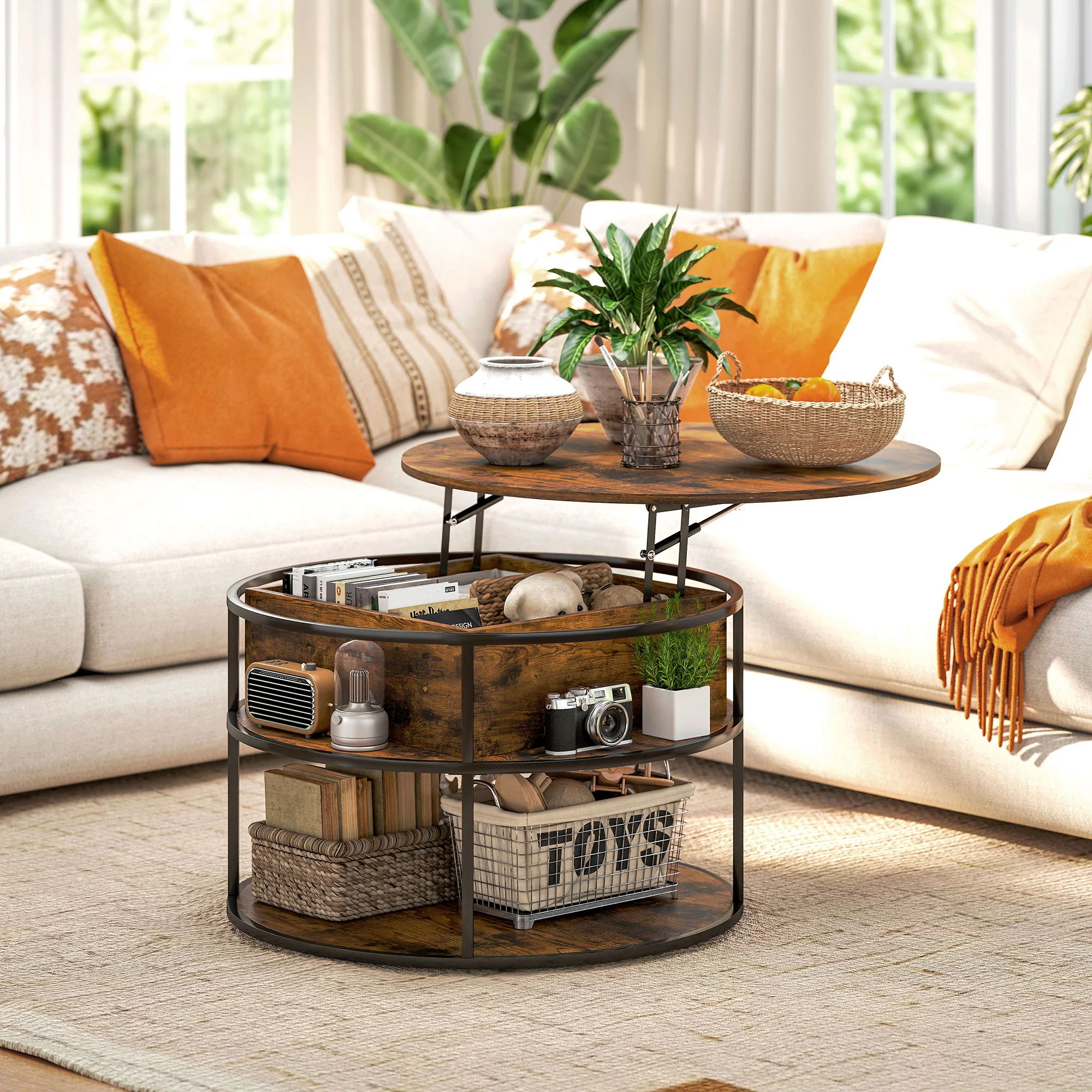 HOMCOM Ronde Koffietafel met Ophefbaar Tafelblad, Opbergruimte, Zijvakken, Stalen Frame, Salontafel, Bruin