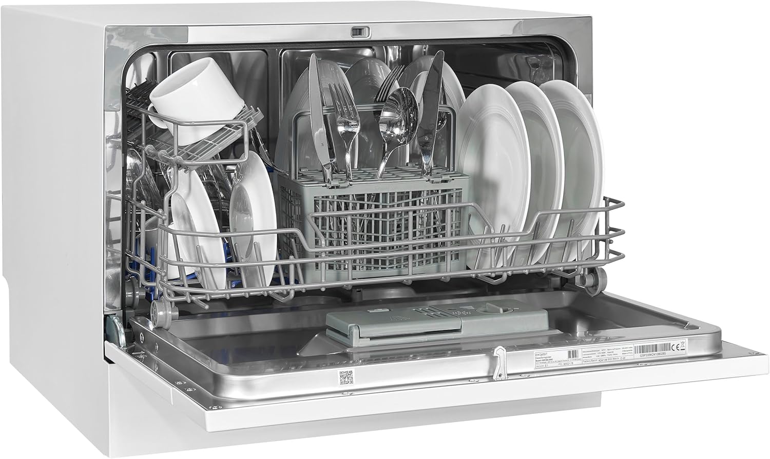 Exquisit® Lavavajillas Compacto de 55 cm para Sobremesa, Clase D, Color Blanco, 6 Servicios, 7 Programas, Inicio Diferido 24H, Consumo 49 kWh/100 Ciclos, Medidas 43,8x55x50 cm, Libre Instalación