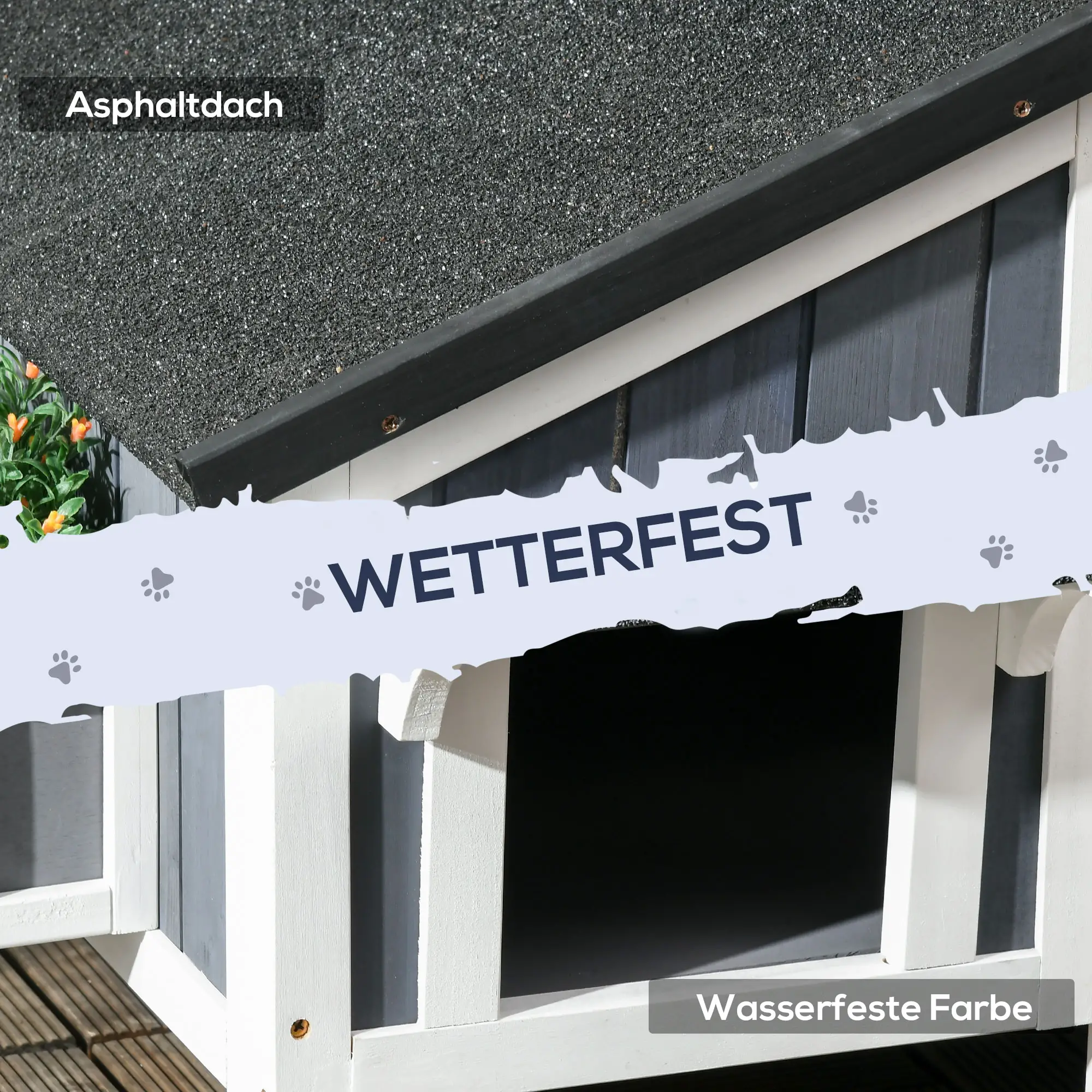 PawHut Outdoor Katzenhaus 2 Etagen mit Asphaltdach Blumenkasten