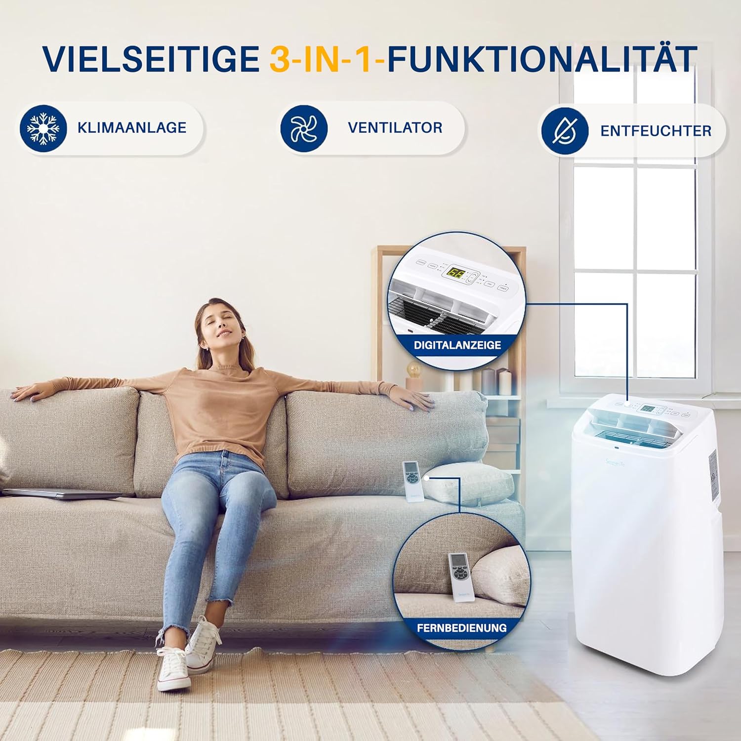 SereneLife Klimaanlage mobil, 3-in-1 mobiles Klimagert mit Abluftschlauch - Luftkühler, Luftentfeuchter & Ventilator, air conditioner 9.000 BTU, 1,5 L Feuchtigkeit/Stunde, kühlt Rume bis 42 m