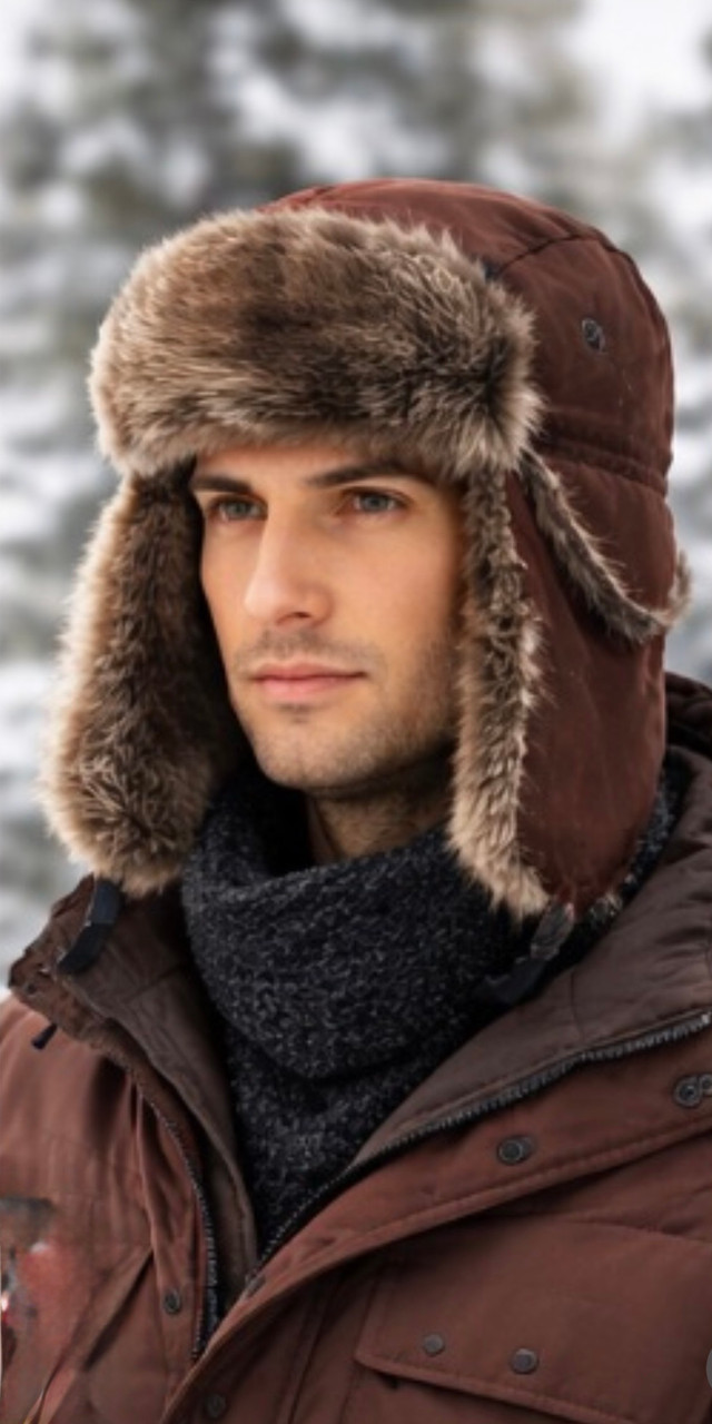 Brown Trapper Hat with Grey Faux Fur 5831 12 PACK  22.5
