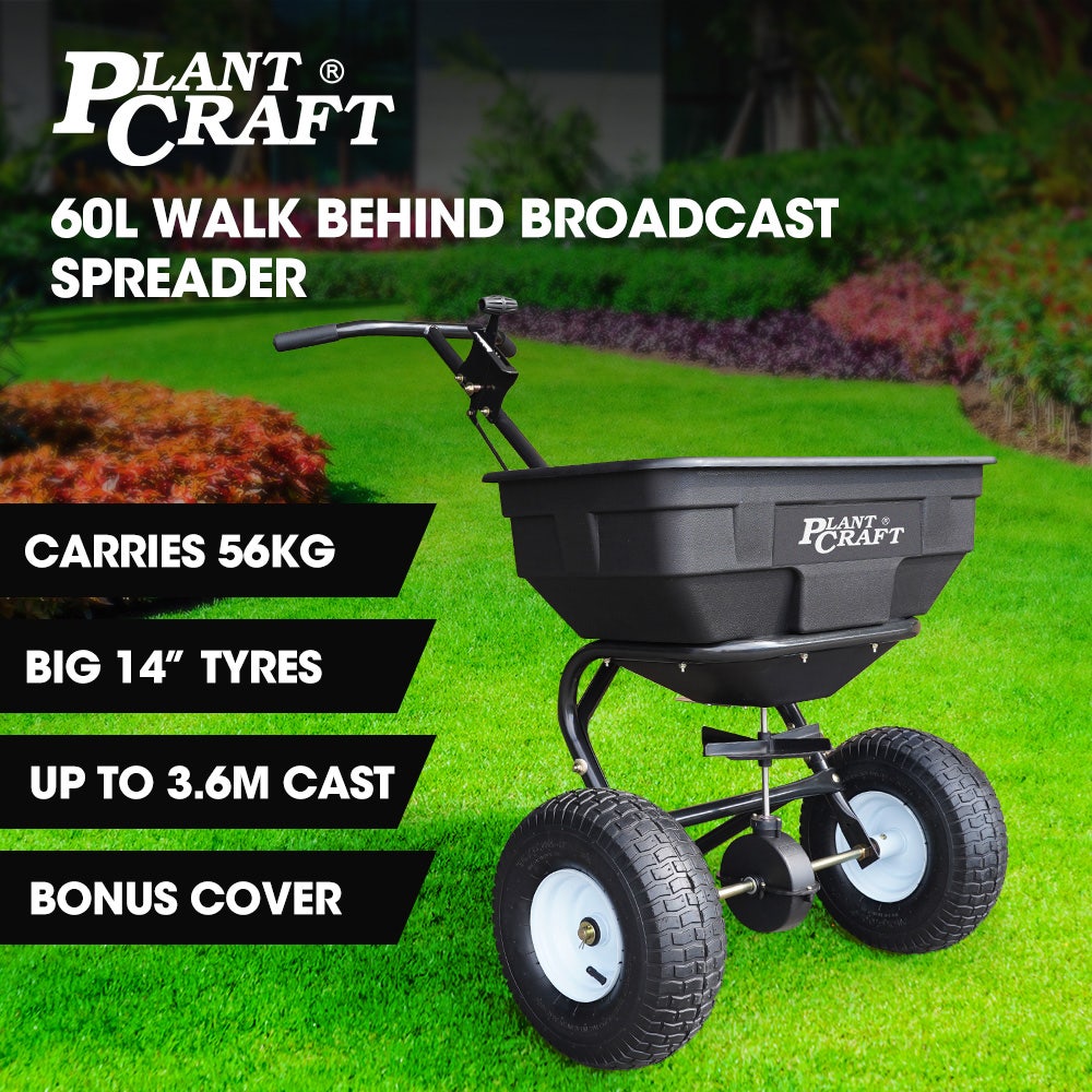 PLANTCRAFT Walk Behind Broadcast Spreader 56kg 60L Seed Lawn Fertiliser