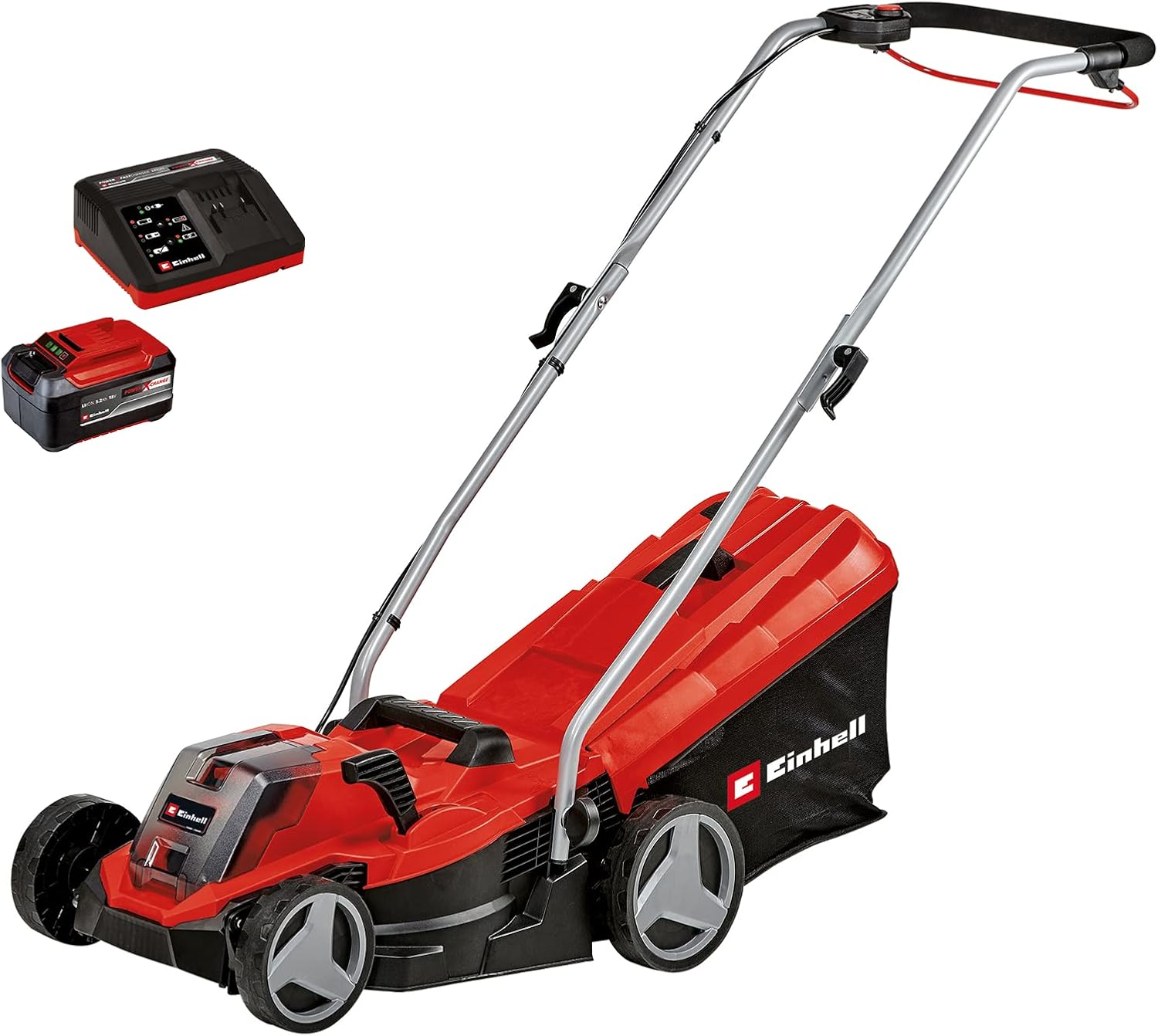 Einhell Akku-Rasenmher GE-CM 18/33 Li Kit Power X-Change (18 V, 33 cm Schnittbreite, bis 200 m, Brushless, 30L Fangkorb, 25-65 mm Schnitthhe, inkl. 4,0 Ah Akku + Ladegert)