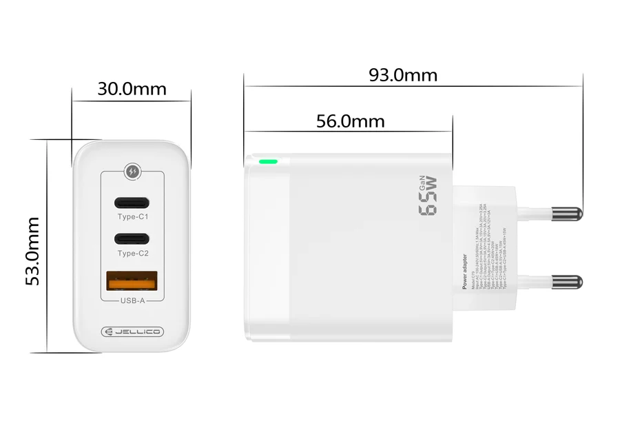 65W USB-C Schnellladegerät PD mit 3-Ports Kompaktes Netzteil Universal mit Kabel