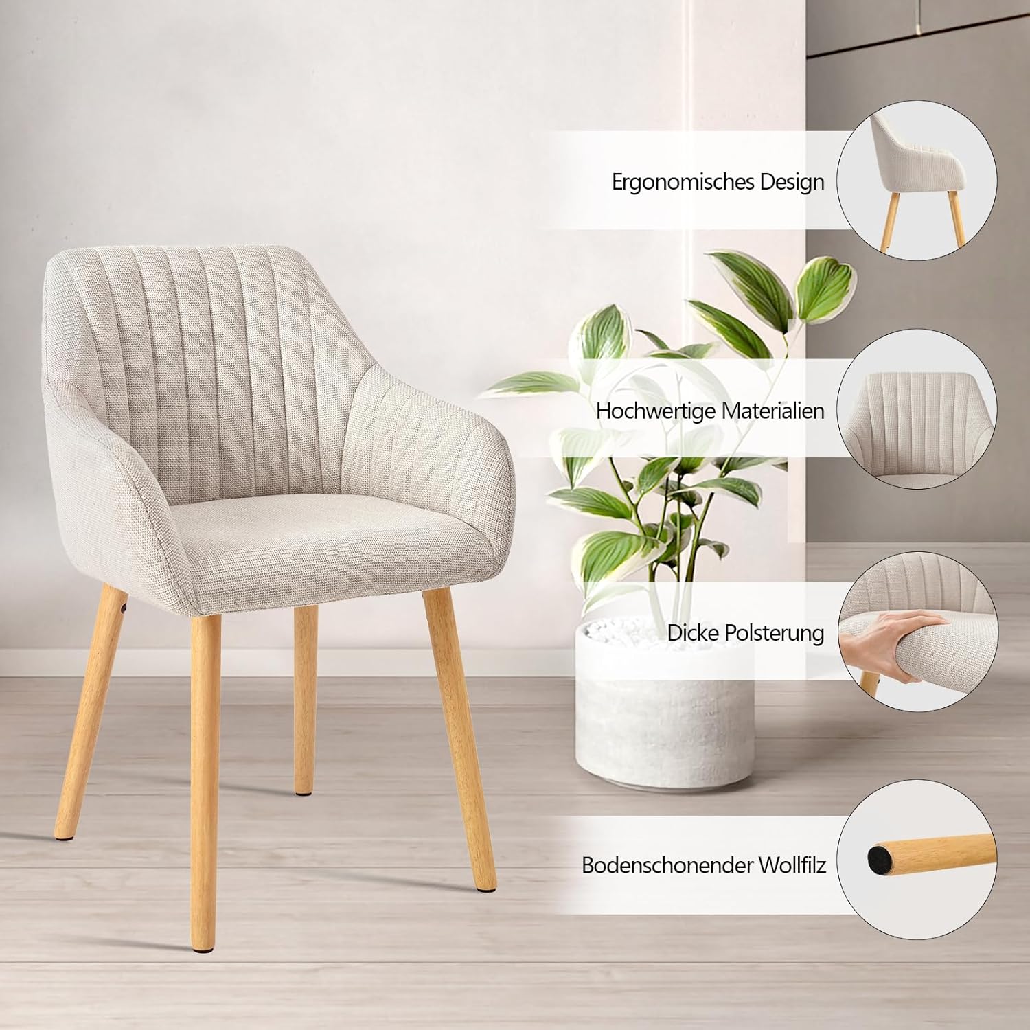 Juego de 4 sillas de comedor con reposabrazos, tapizadas en poliéster color beige y con patas de madera; sillas para comedor, cocina o salón. 2026