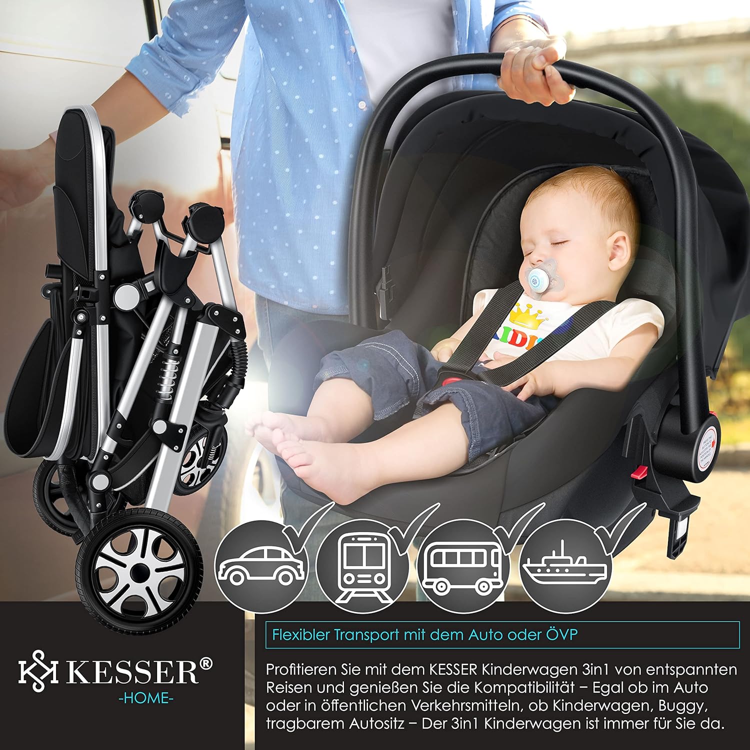KESSER® Loops 3 in 1 Kinderwagen Kombikinderwagen Komplett-Set inkl. Babywanne & Buggy Sportsitz & Auto-Babyschale Voll-Gummireifen Wickeltasche Regenschutz Kindertisch ECE R129, Grau/Silber