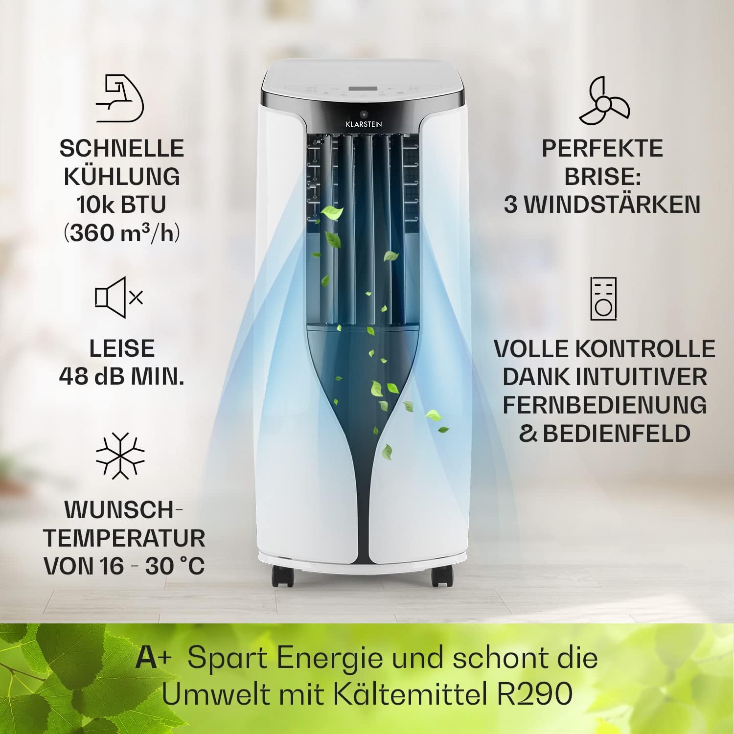 Klarstein Mobile Klimaanlage mit Abluftschlauch, 3-in-1 Klimagerät mit Ventilator & Luftentfeuchter, Kleine & Portable Klimaanlage für Wohnung & Büro,10000 BTU AC mit Niedrigem Verbrauch