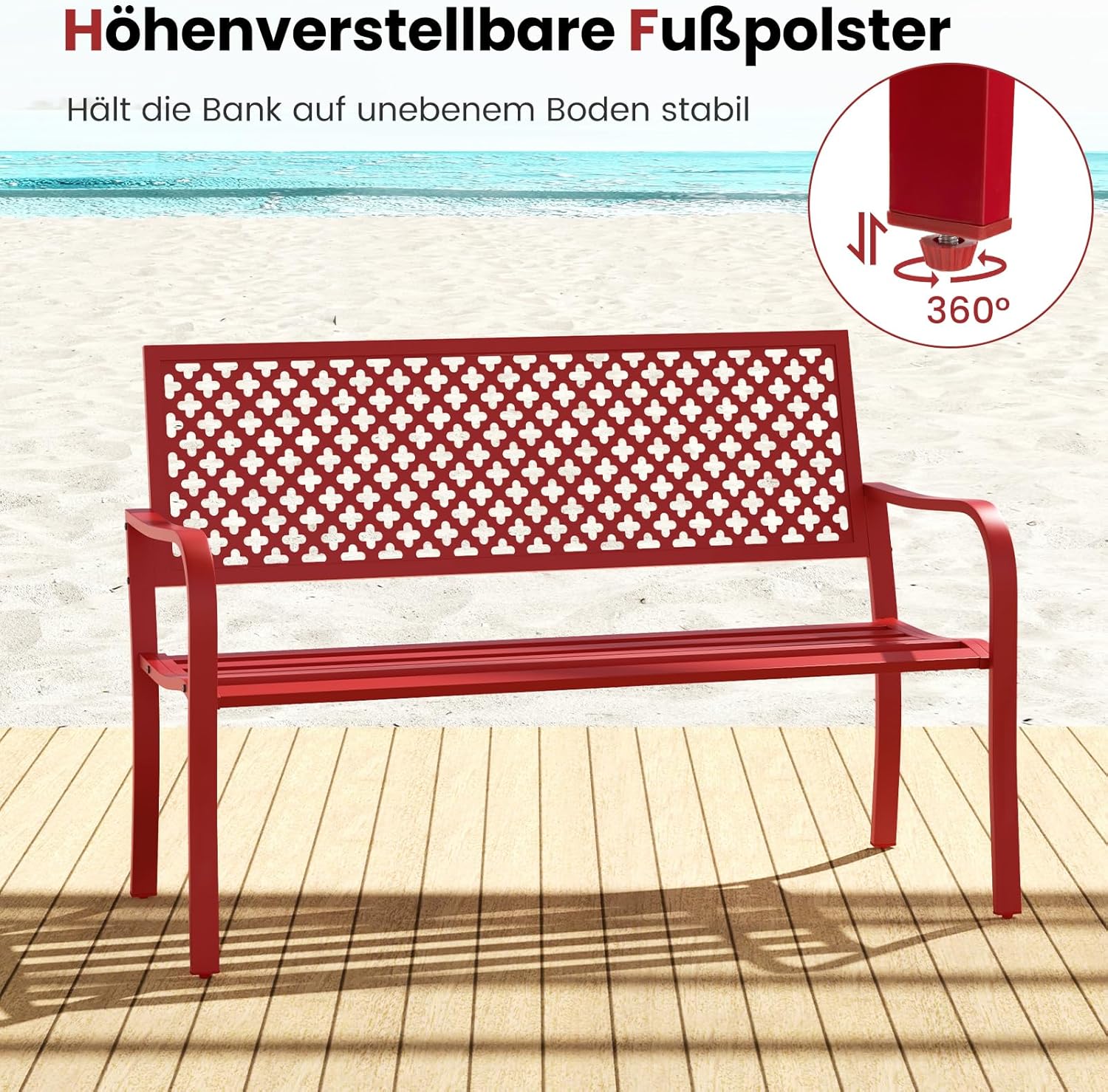 COSTWAY Gartenbank Metall, wetterfeste Sitzbank für 2-3 Sitzer, Parkbank mit Rückenlehne & Armlehne, Metallbank bis 300 kg belastbar, Eisenbank für Garten, Terrasse, Balkon, 127 x 62 x 86 cm (Rot)