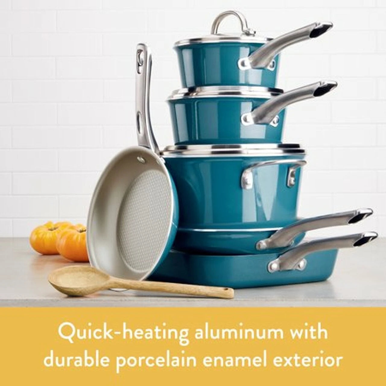 Ayesha Curry 10-Piece Porcelain Enamel Nonstick Pots and Pans Set/Cookware Set, Blue