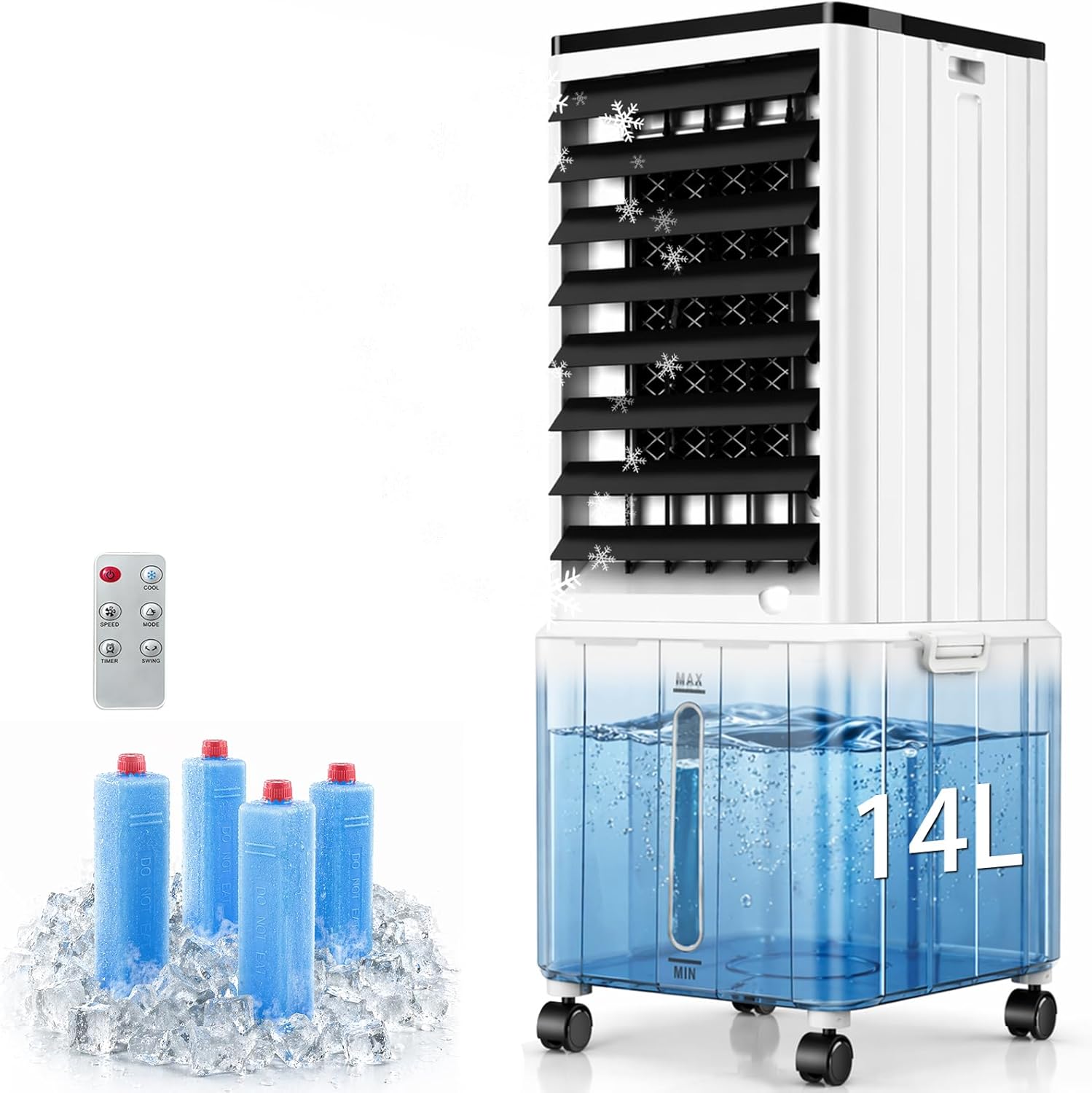 4 In 1 Portable Mobile Air Conditioner, 14L 60W Evaporative Air Cooler with Detachable Water Tank, 1-12H Timer, 3 Mode & 3 Speed, 40dB, Water Cooler Fan Air Conditioning for Home Office