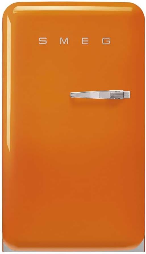 Smeg, FAB10LOR6 Frigorifero Tavolo Top Vintage 1 Anta, 122L, Cerniere a Sinistra, Freddo Statico, Congelatore 17L, 1 Clayette Regolabile, 1 Vassoio Verdure e Illuminazione LED, H 97 cm, Arancione