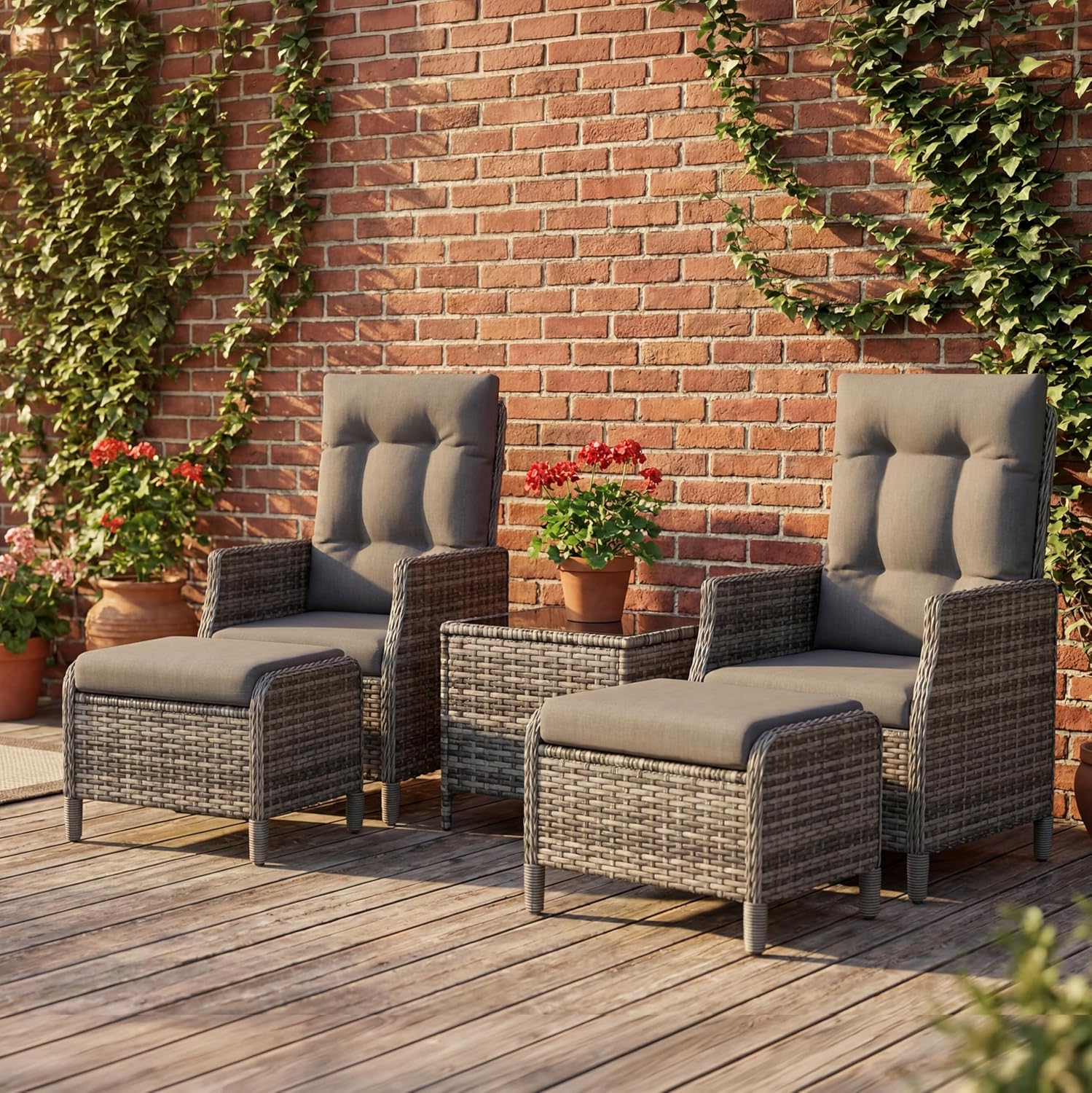 UDPATIO Lounge Möbel Outdoor Set 5-teilig mit Verstellbaren Sessel, Fußhocker und Couchtisch | Rattan Gartenmöbel | Balkonmöbel Kleiner Balkon | Wetterfest Terrassenmöbel | Dunkelgrau
