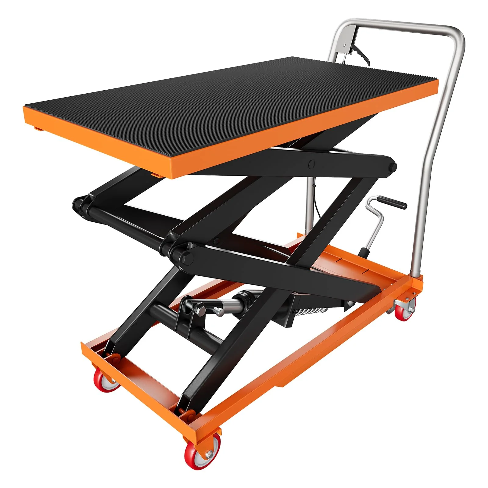 2026 Nuevo carrito de mesa elevador hidráulico de doble tijera capacidad 770 lb altura de elevación 14–59 pulgadas con superficie antideslizante para manejo de materiales color naranja