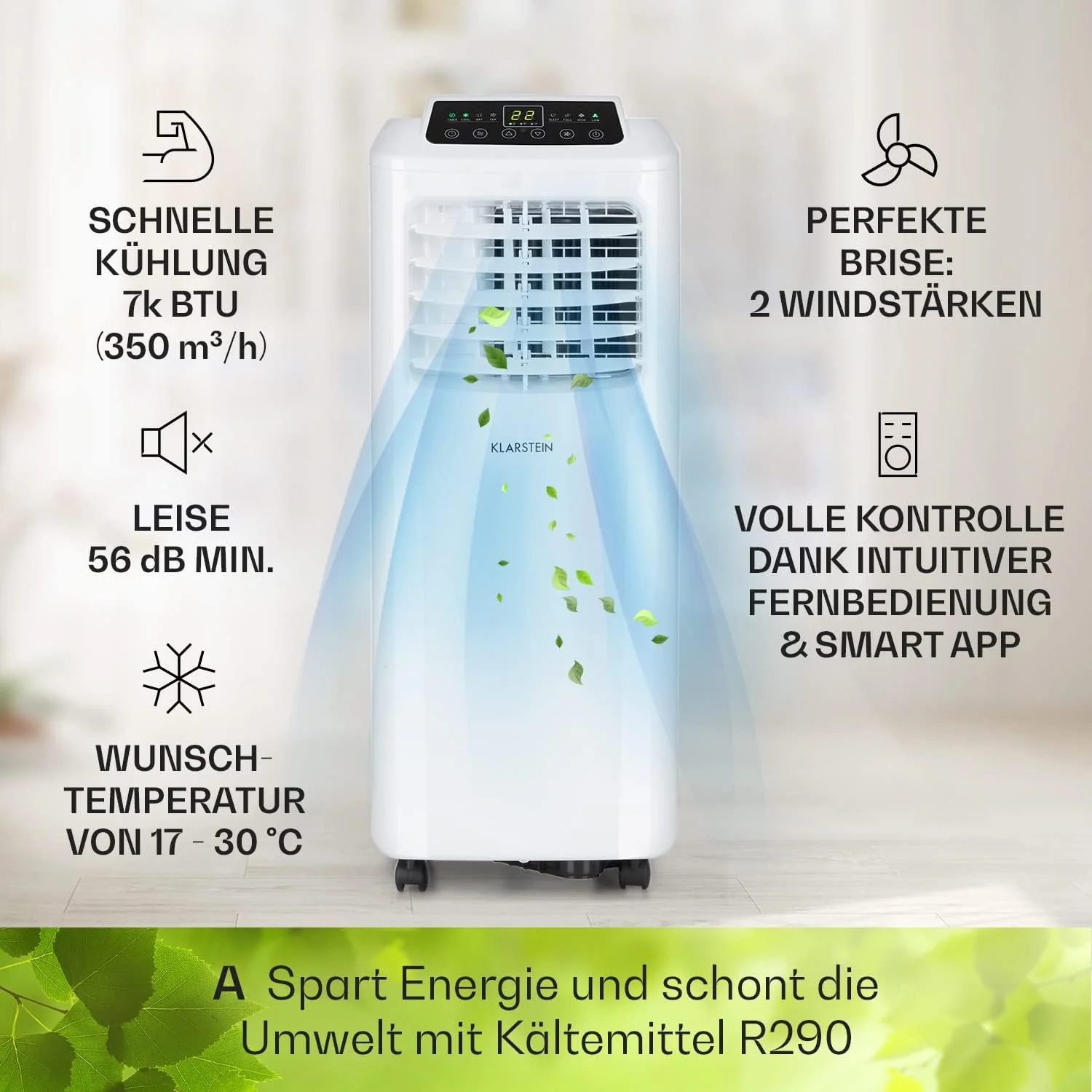 Klarstein Mobiele Airco met Afvoerslang, 3-in-1 Airconditioner met Ventilator & Luchtontvochtiger, Kleine & Draagbare Airco voor Thuis & op Kantoor, met Nachtmodus & App-bediening, 7000 BTU