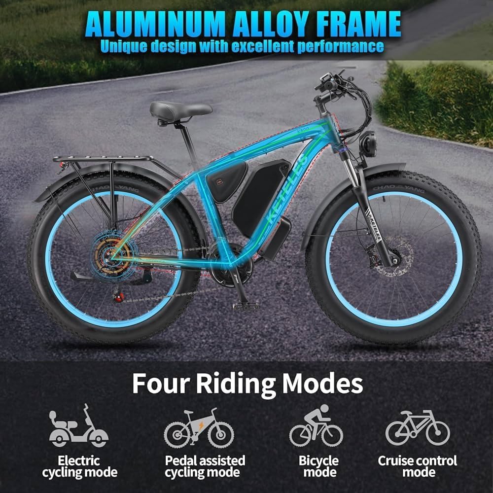 Electric Bike for Adult, 26 x 4.0 Fat Tire Ebike, 1000W/2000W Peak Electric Bicycle, 48V 13/17.5/23AH Waterproof Battery, Front Suspension Ebike, 27MPH-46MPH, Adjustable Seat, UL and GCC Certified